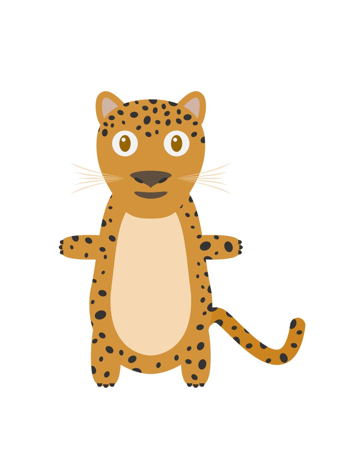 Leopard illustration as a funny character. Wild and dangerous mammal with spotted skin. Small cartoon creature, isolated object in flat design on white background.