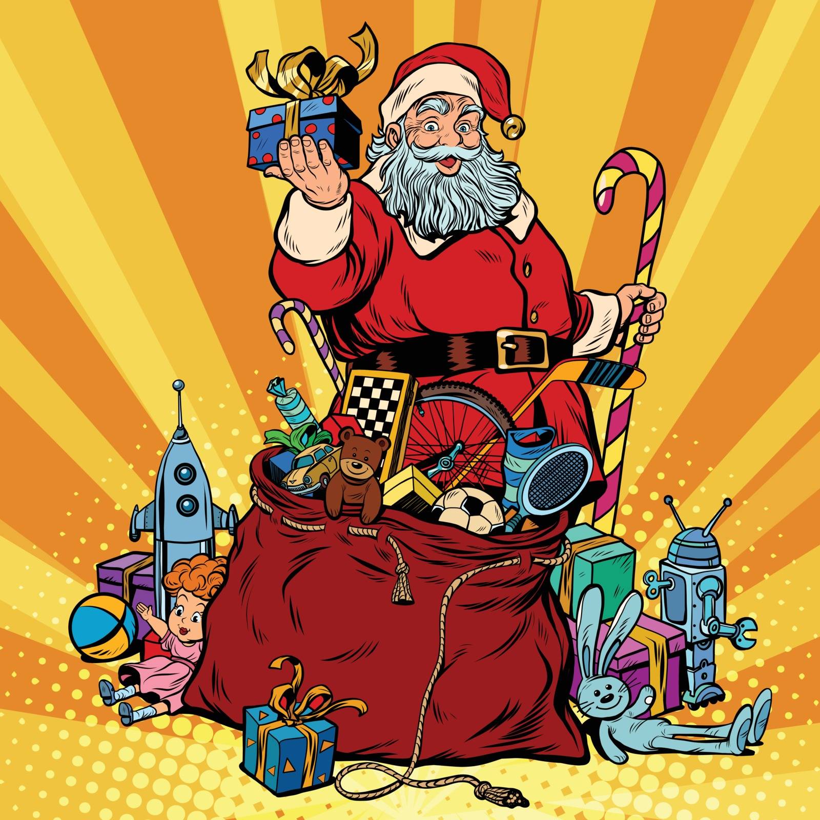 Santa Claus with bag of gifts. Christmas and New year, pop art retro vector illustration