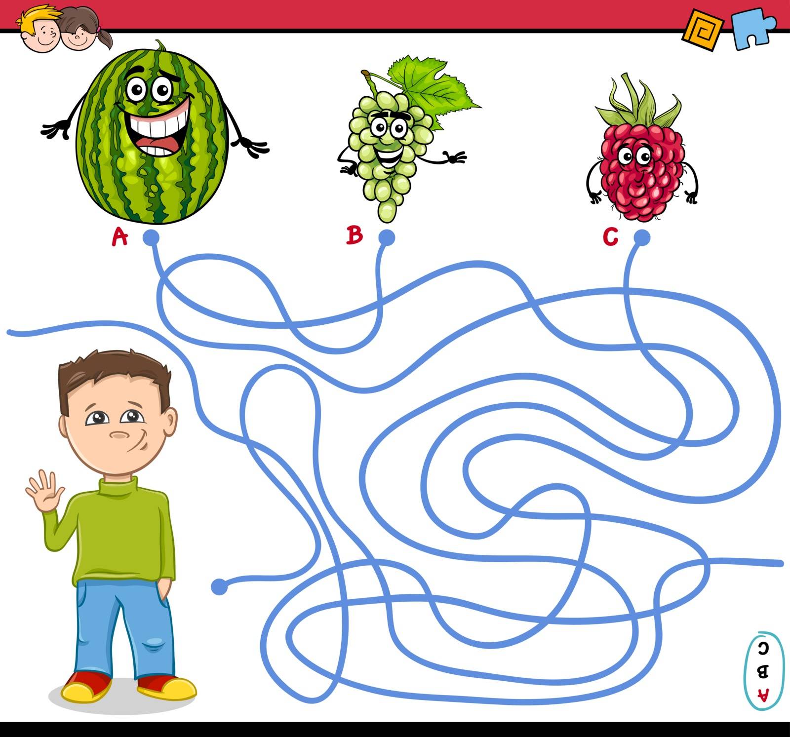 Cartoon Illustration of Educational Paths or Maze Puzzle Activity with Kid Boy and Fruits