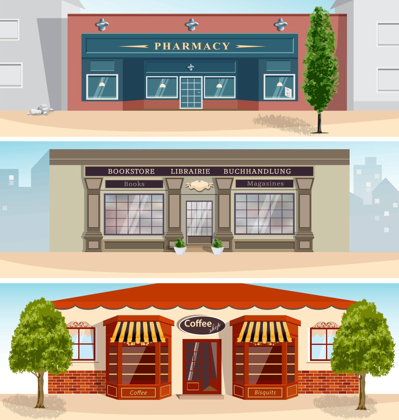 Collection of three detailed stores with outdoor elements