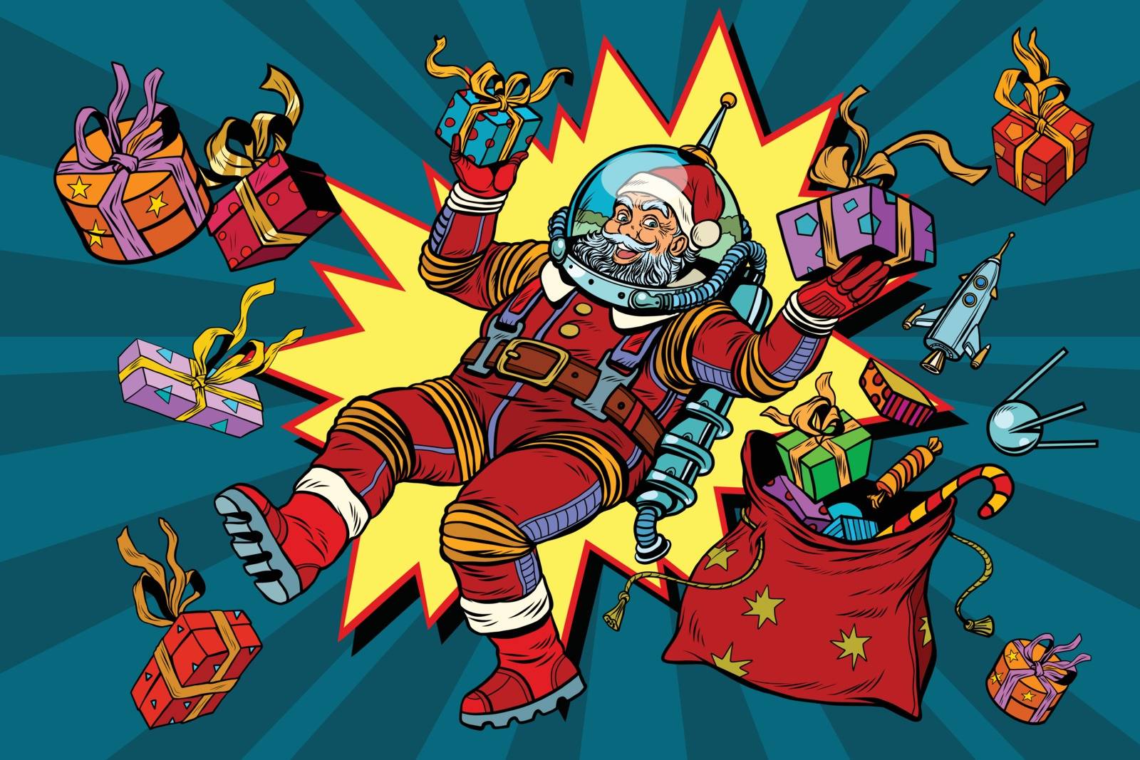 Space Santa Claus in zero gravity with Christmas gifts by studiostoks