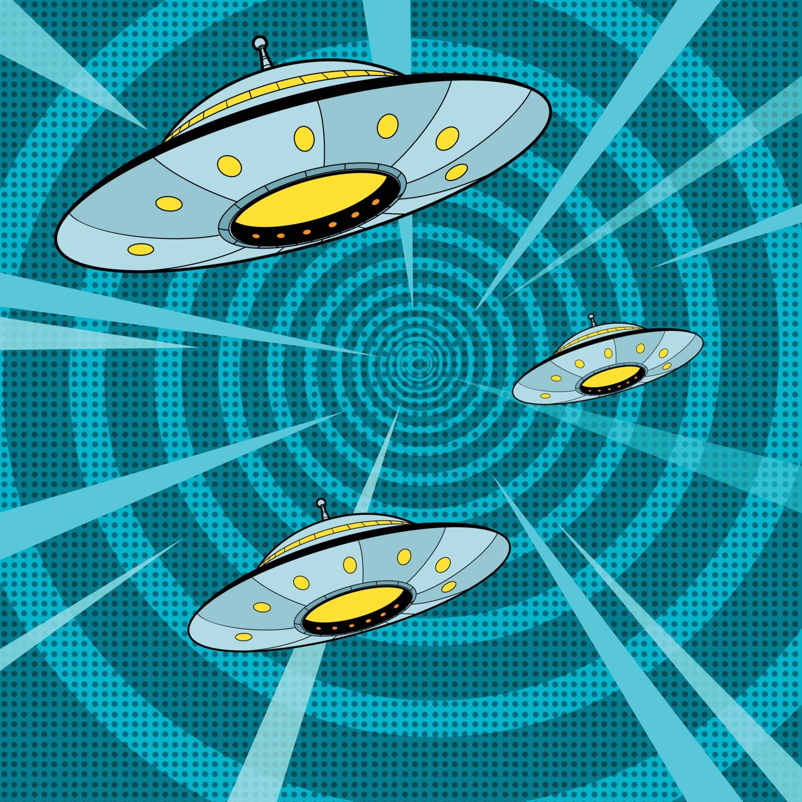Space attack UFO, pop art retro vector illustration. The alien ships quickly fly