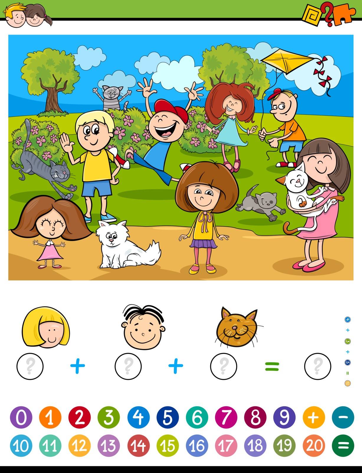 Cartoon Illustration of Educational Mathematical Counting and Addition Activity Task for Children with Kids and Cats