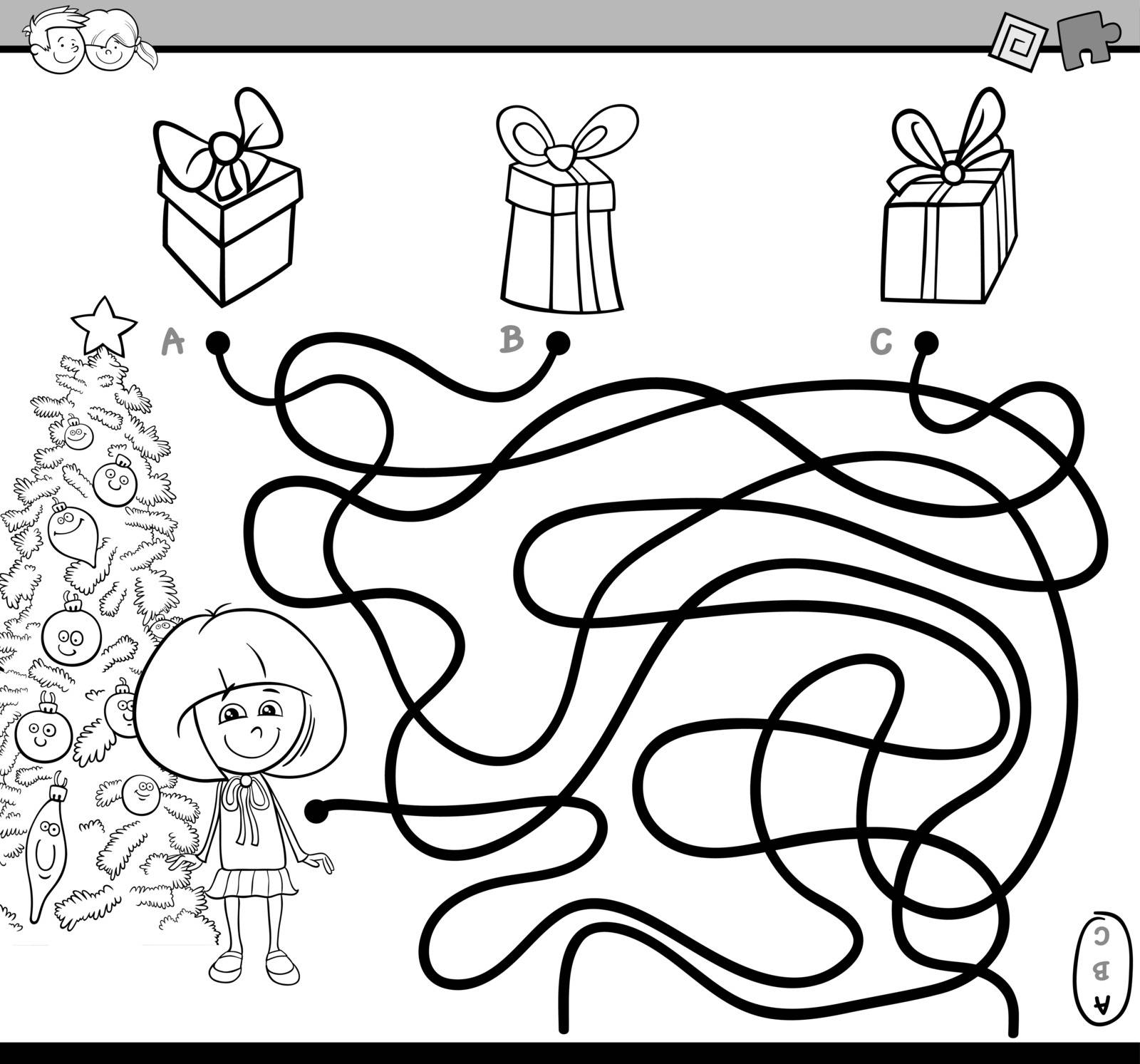Black and White Cartoon Illustration of Educational Paths or Maze Puzzle Activity with Little Girl and Christmas Presents Coloring Book