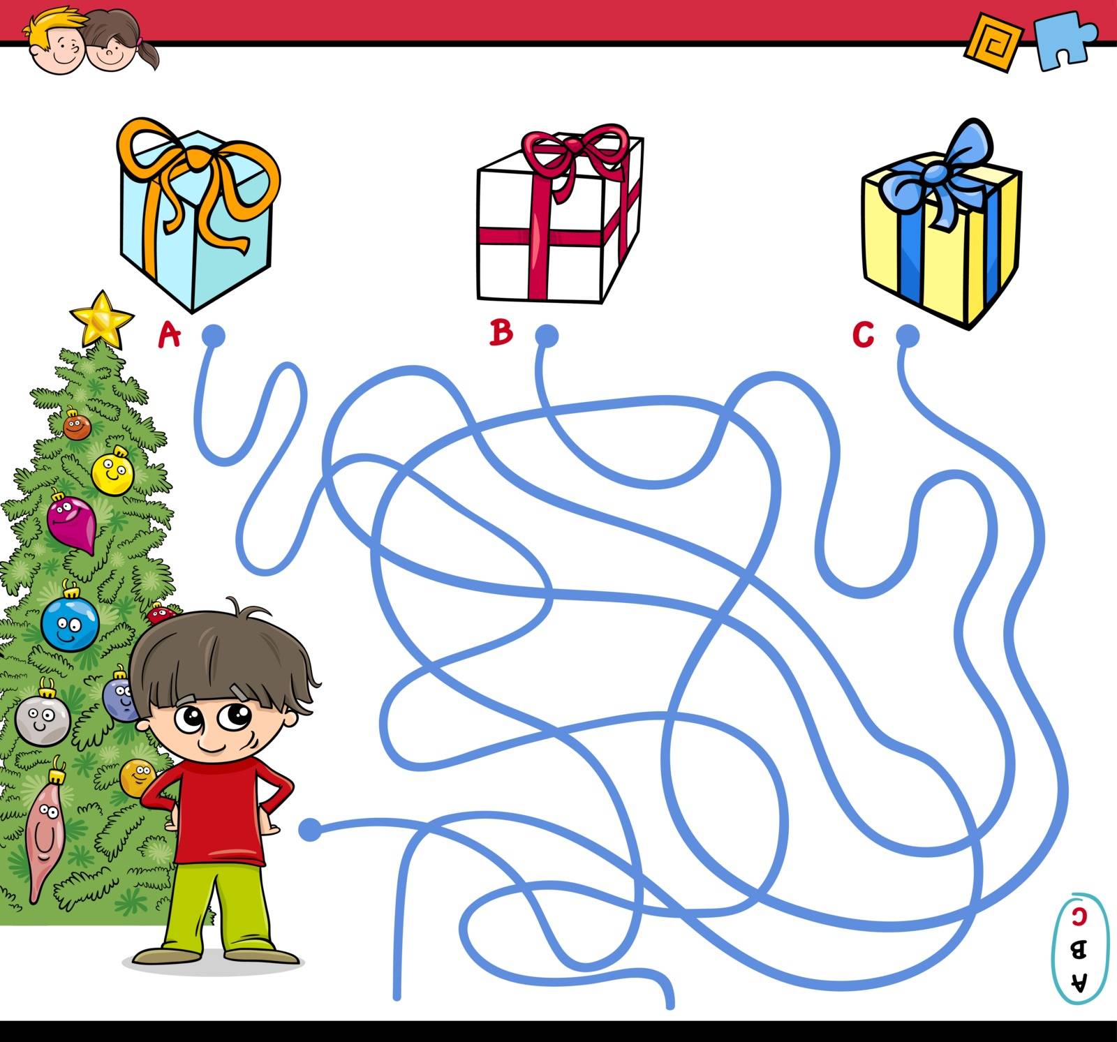 Cartoon Illustration of Educational Paths or Maze Puzzle Activity with Kid Boy and Christmas Presents