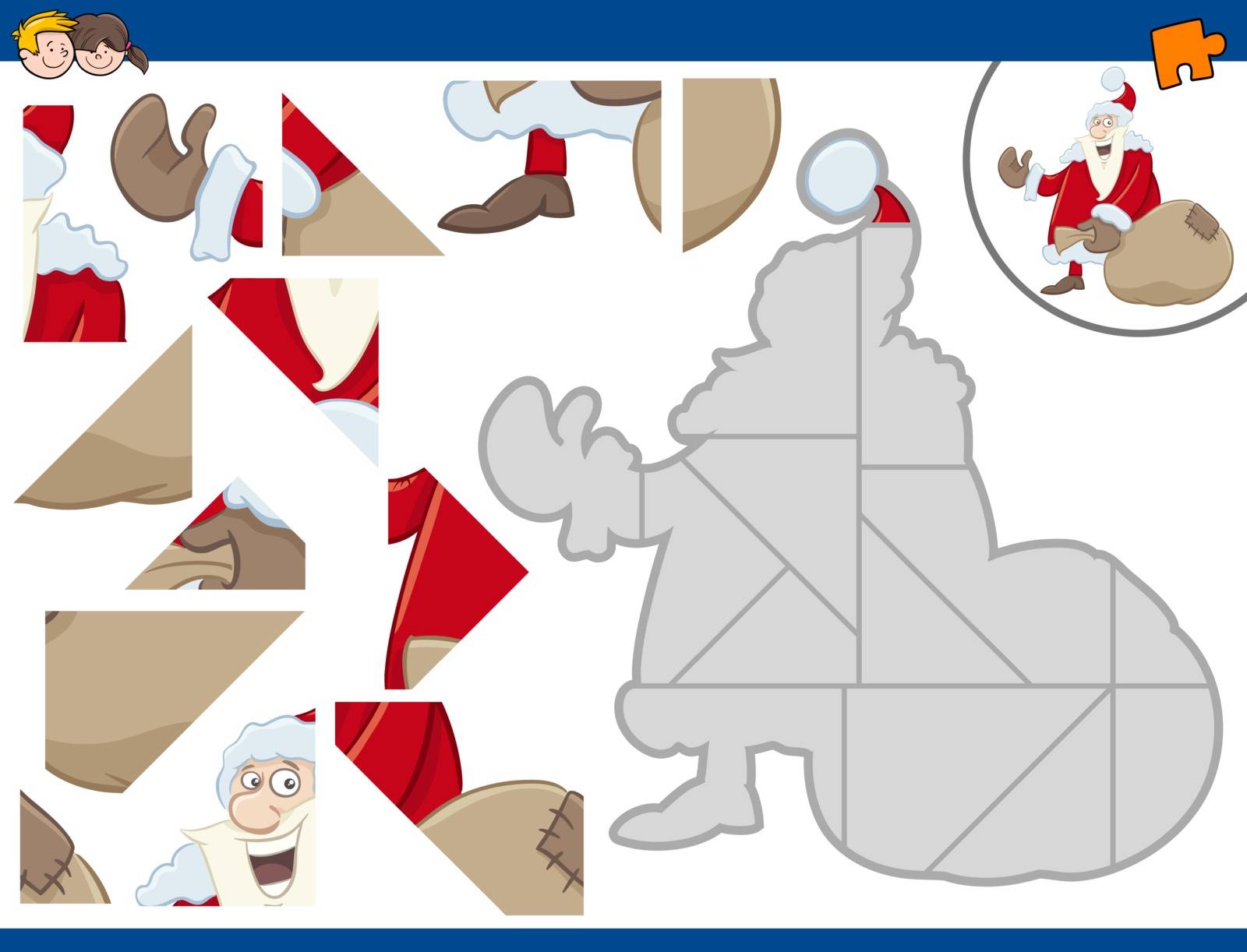 Cartoon Illustration of Educational Jigsaw Puzzle Activity for Children with Santa Claus