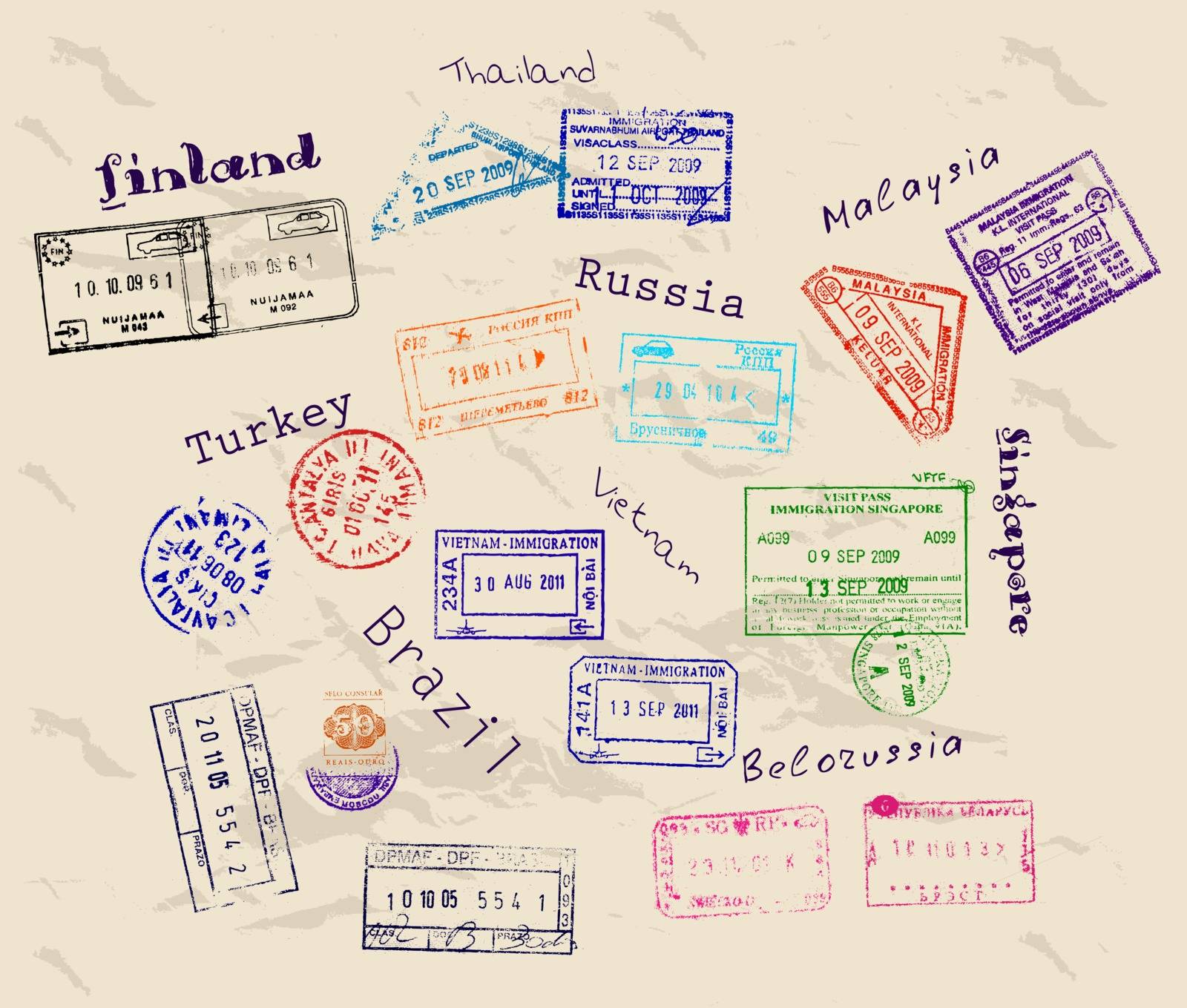 Real visa stamps from 9 countries. by tari767
