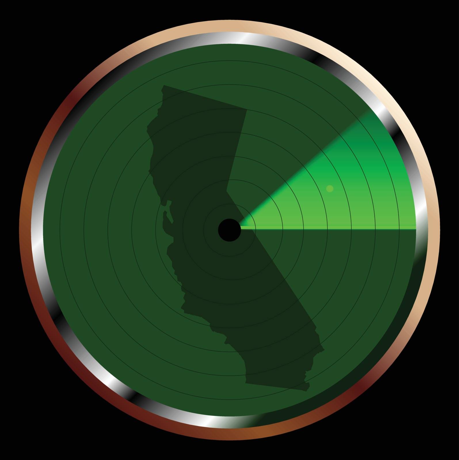 The screen of a typical radar device in green sweeping over California