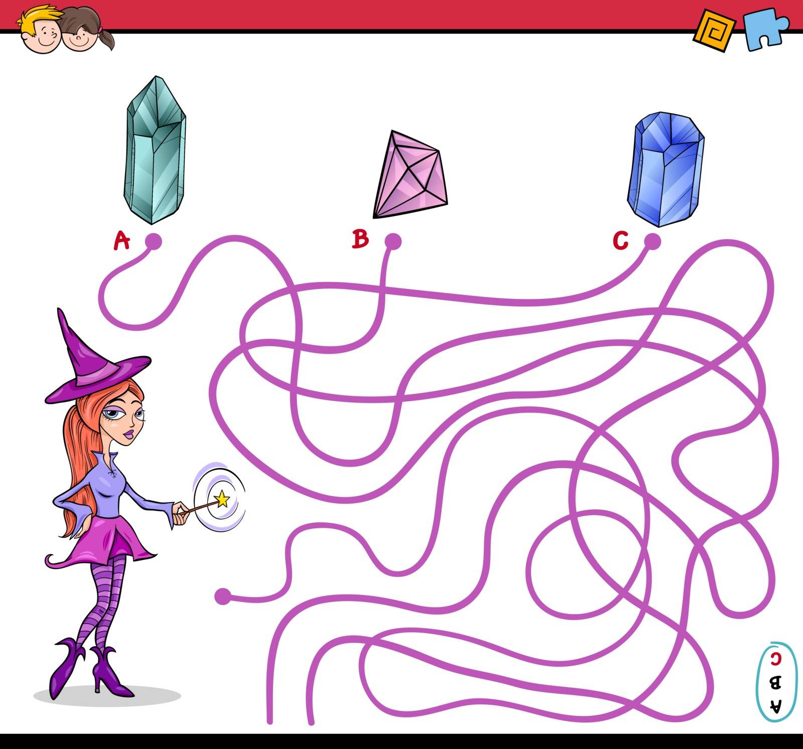 Cartoon Illustration of Educational Paths or Maze Puzzle Activity with Witch Character