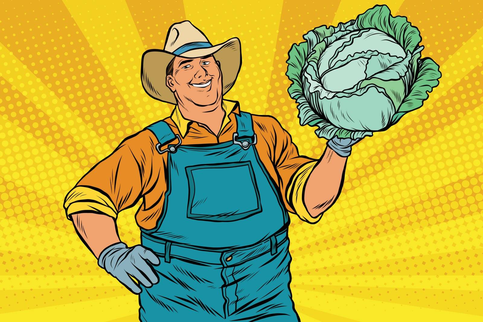 Rural retro farmer and a head of green cabbage, pop art vector illustration
