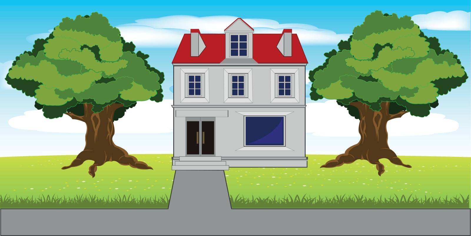 The Big house on glade and road.Vector illustration