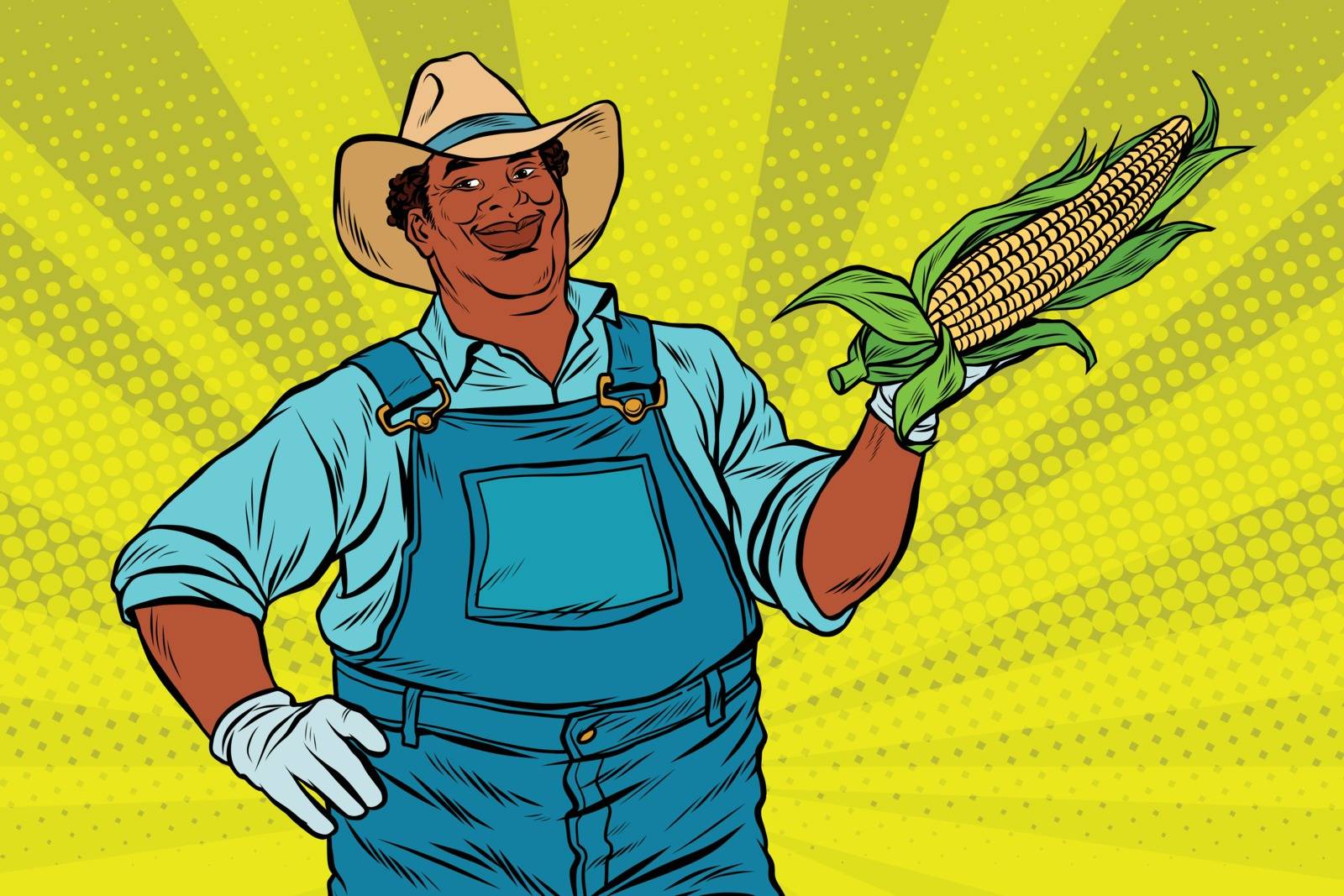 African American farmer with corn on the cob, pop art retro vector illustration
