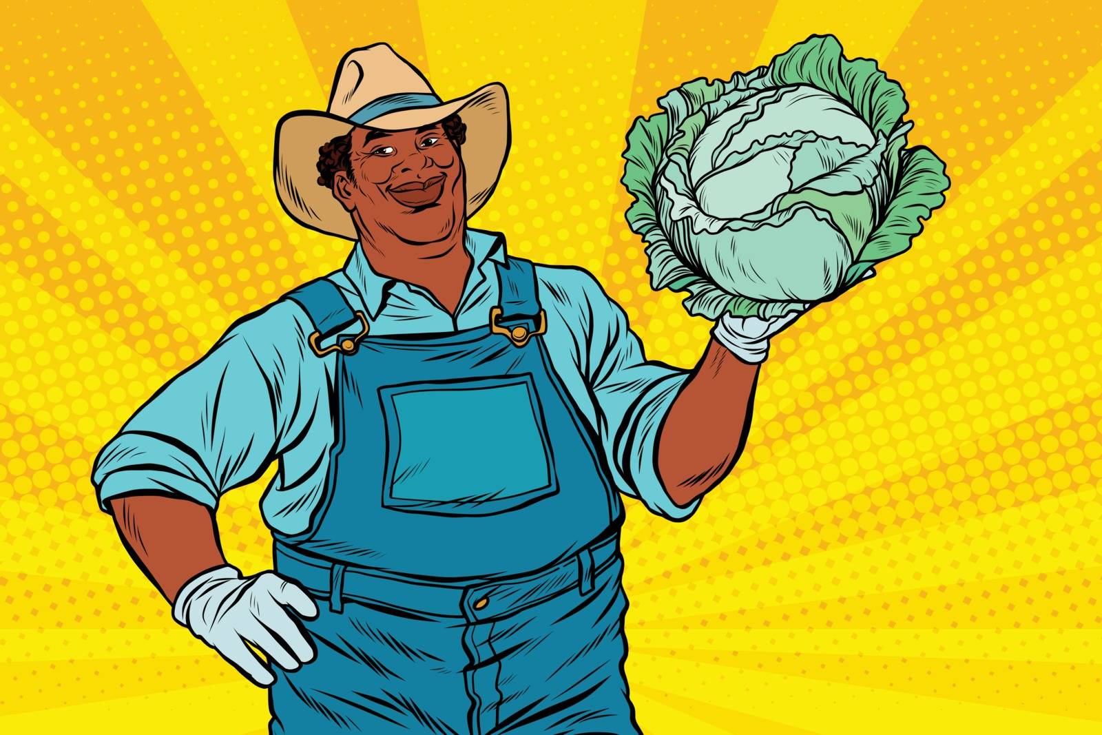 African American farmer with cabbage, pop art retro vector illustration