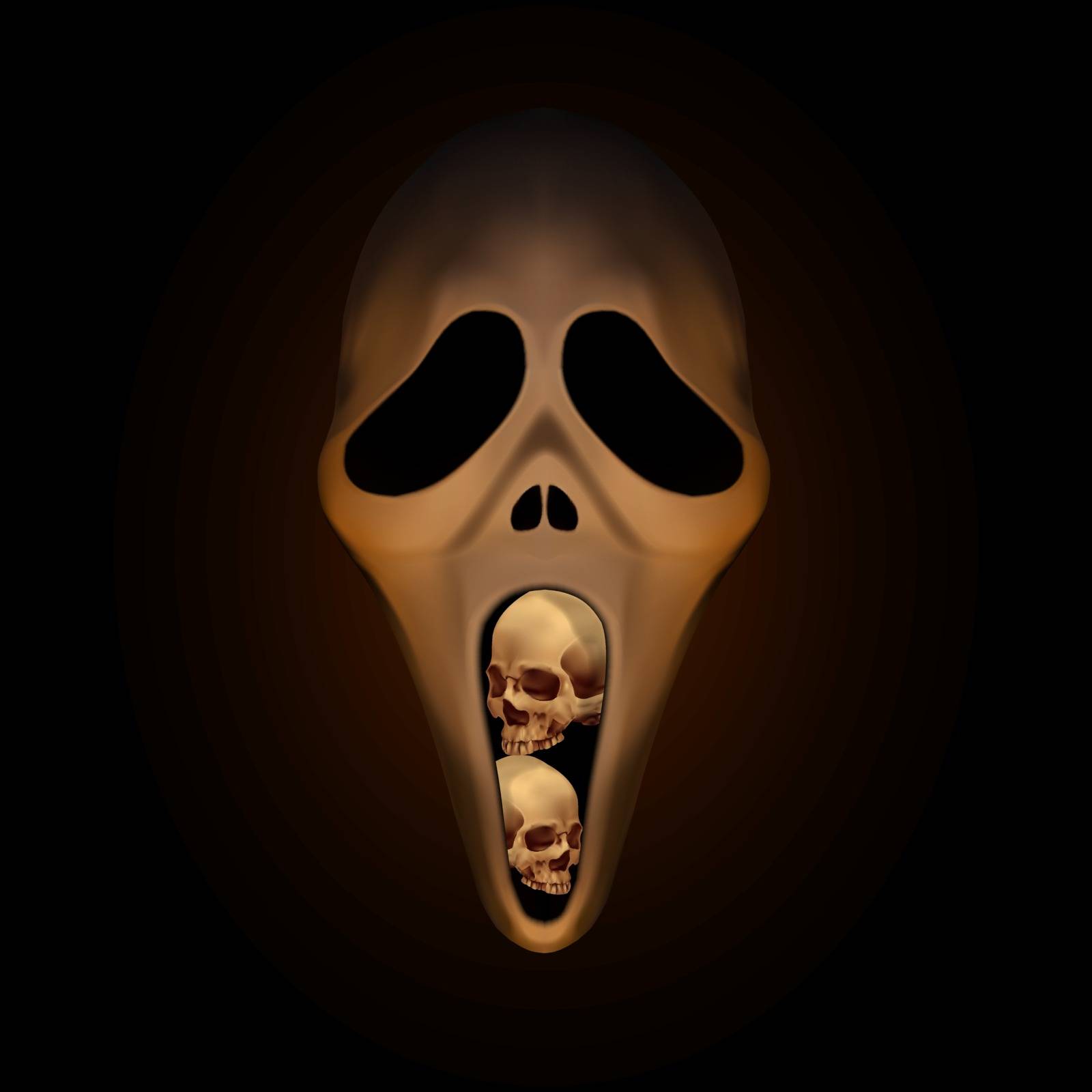 Spooky halloween mask with small human skull in mouth on dark brown background