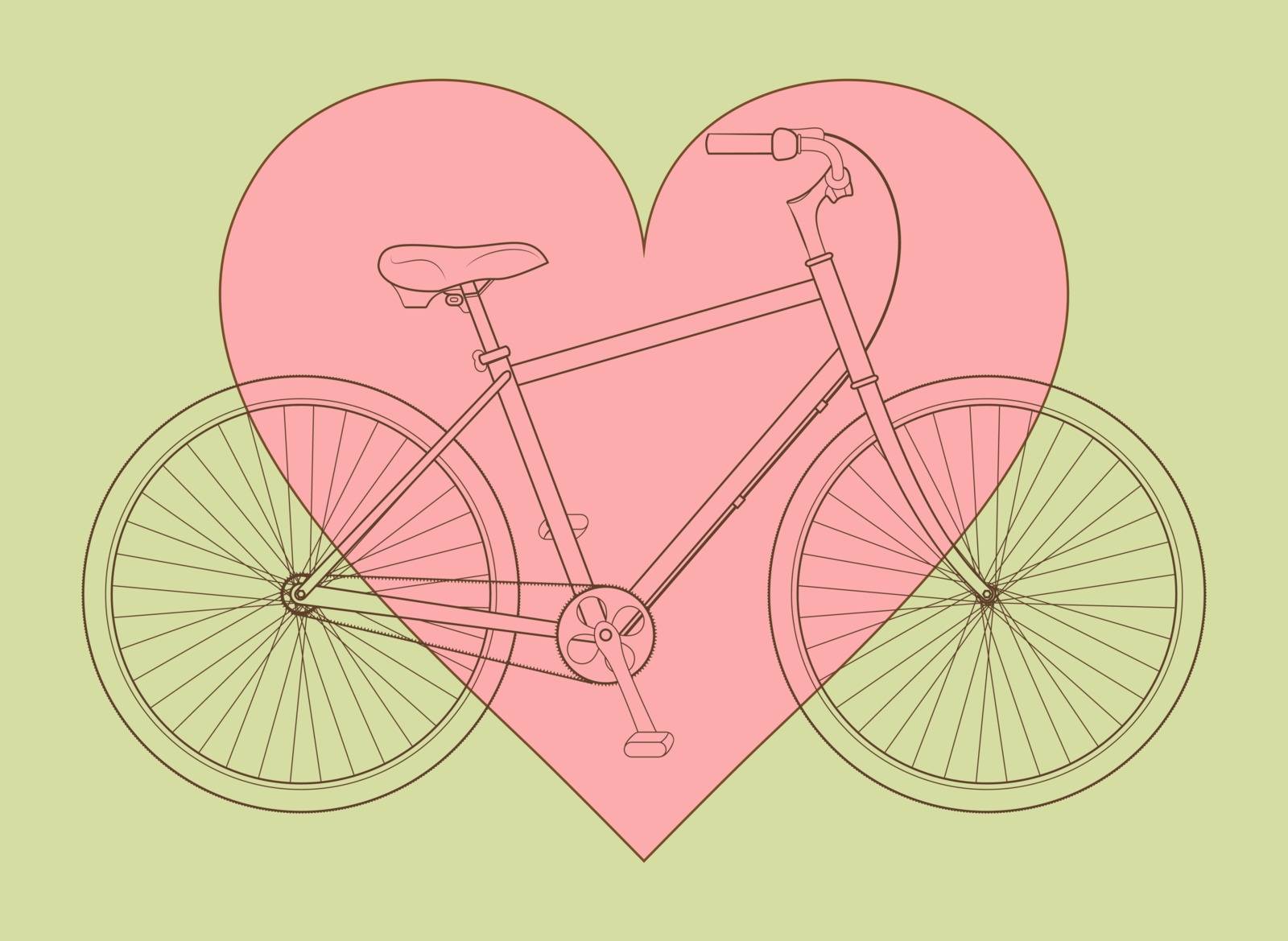 Line drawing bicycle with pink heart on green background