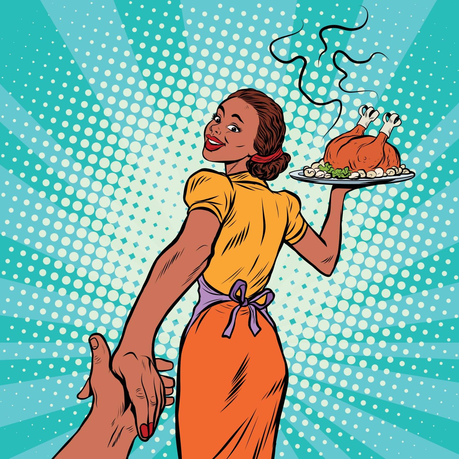 follow me African-American housewife with roast Turkey by studiostoks