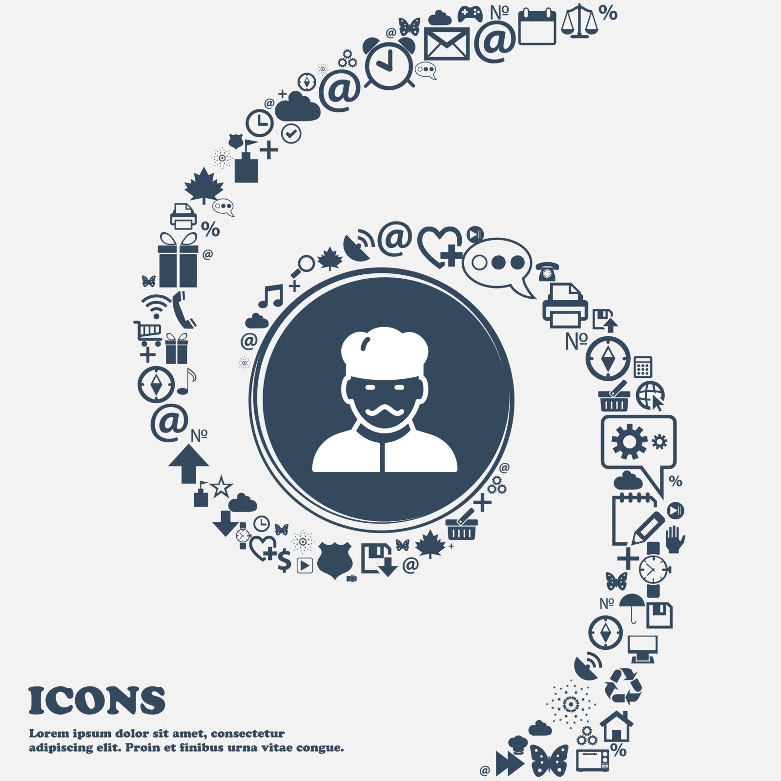 Cook icon in the center. Around the many beautiful symbols twisted in a spiral. You can use each separately for your design. Vector by serhii_lohvyniuk