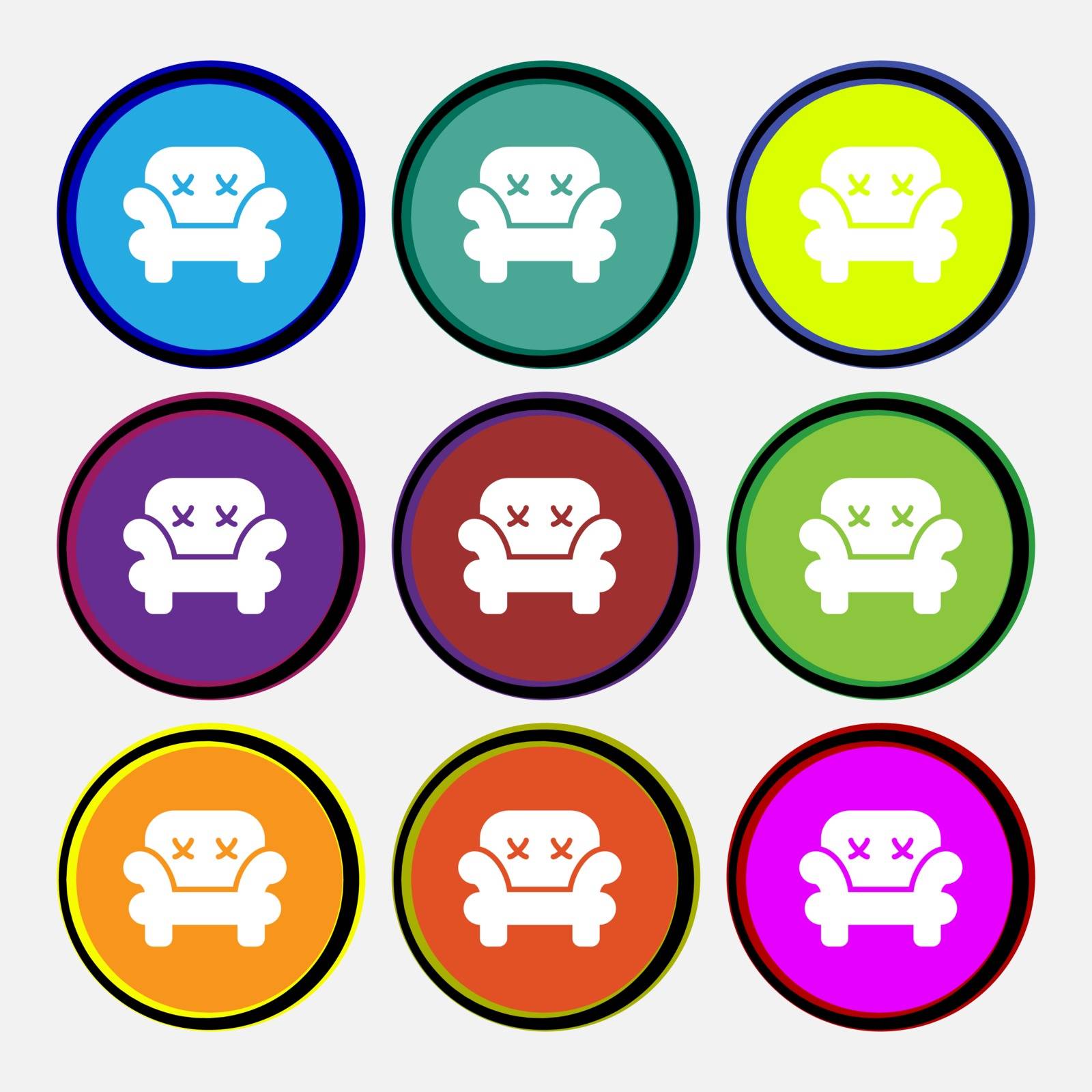 Armchair icon sign. Nine multi colored round buttons. Vector by serhii_lohvyniuk