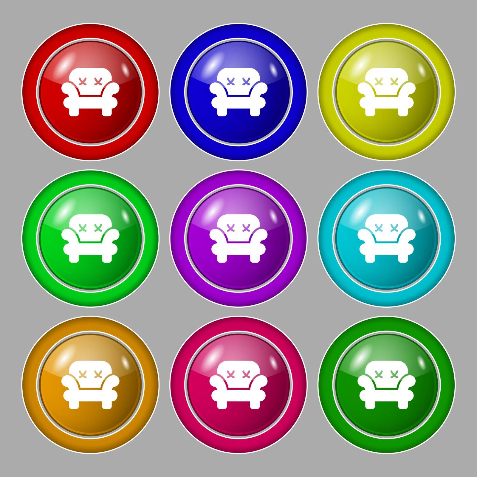 Armchair icon sign. symbol on nine round colourful buttons. Vector by serhii_lohvyniuk
