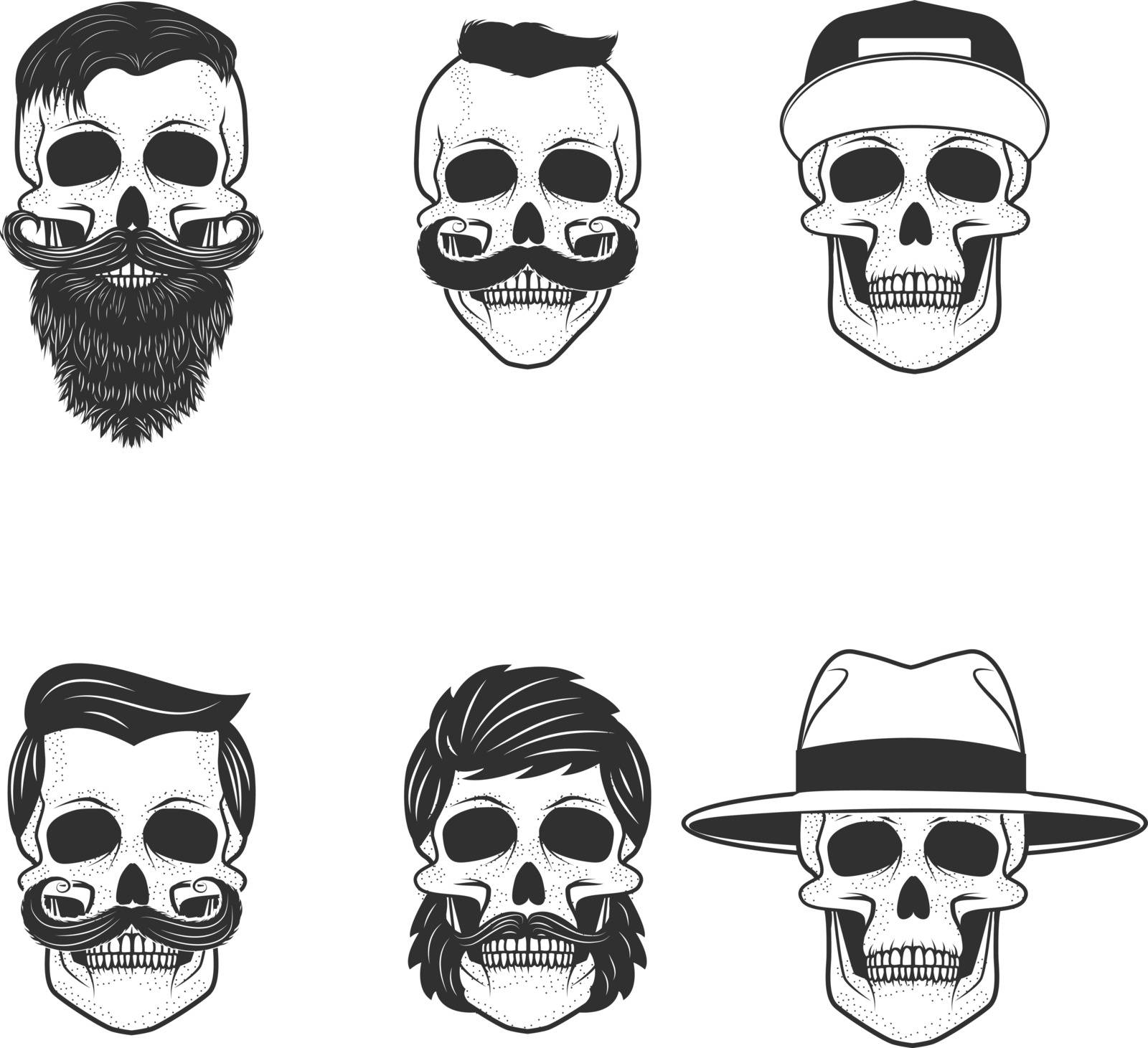 Set of the skulls with hairstyle and hats. Design elements for e by ivan_kotliar