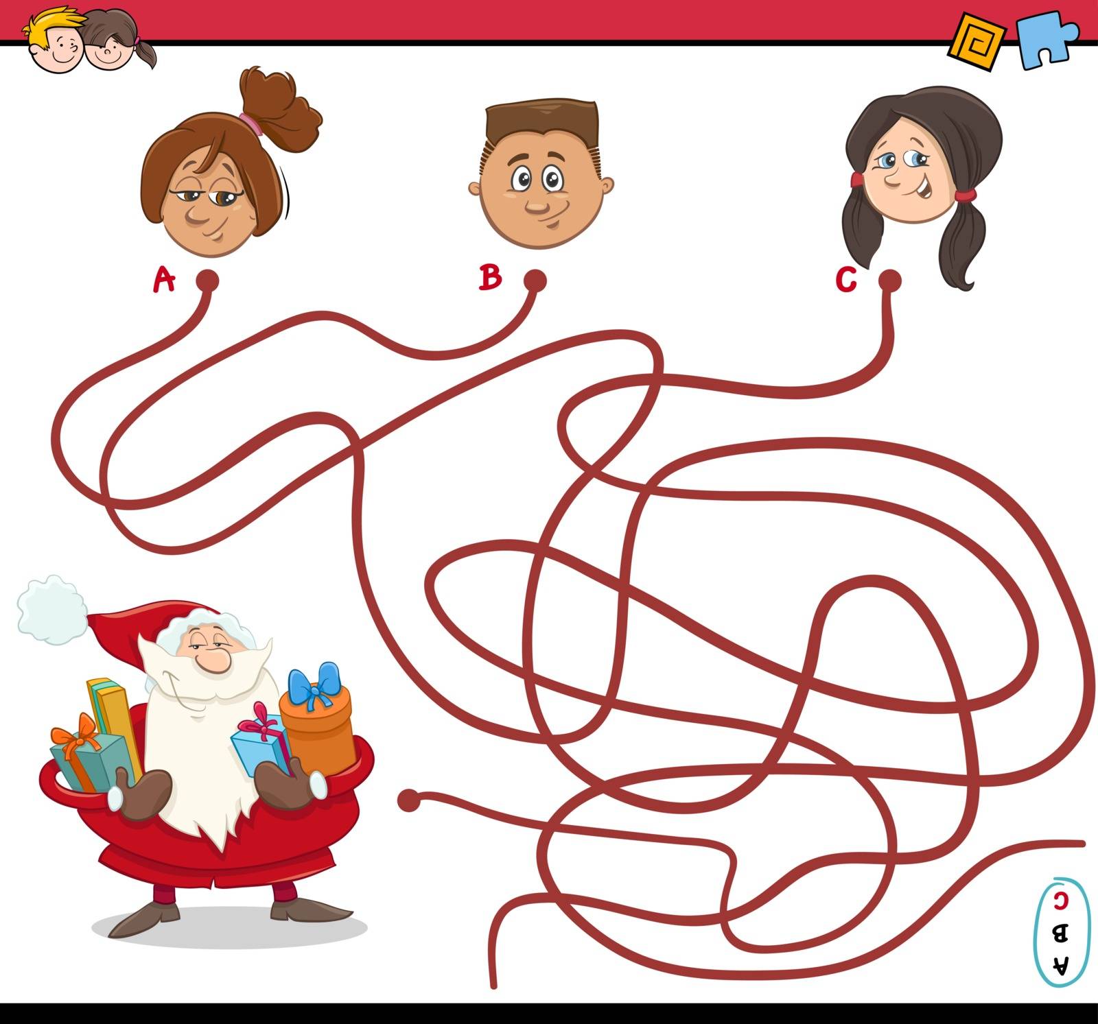 Cartoon Illustration of Paths or Maze Puzzle Activity with Santa Claus Character and Children