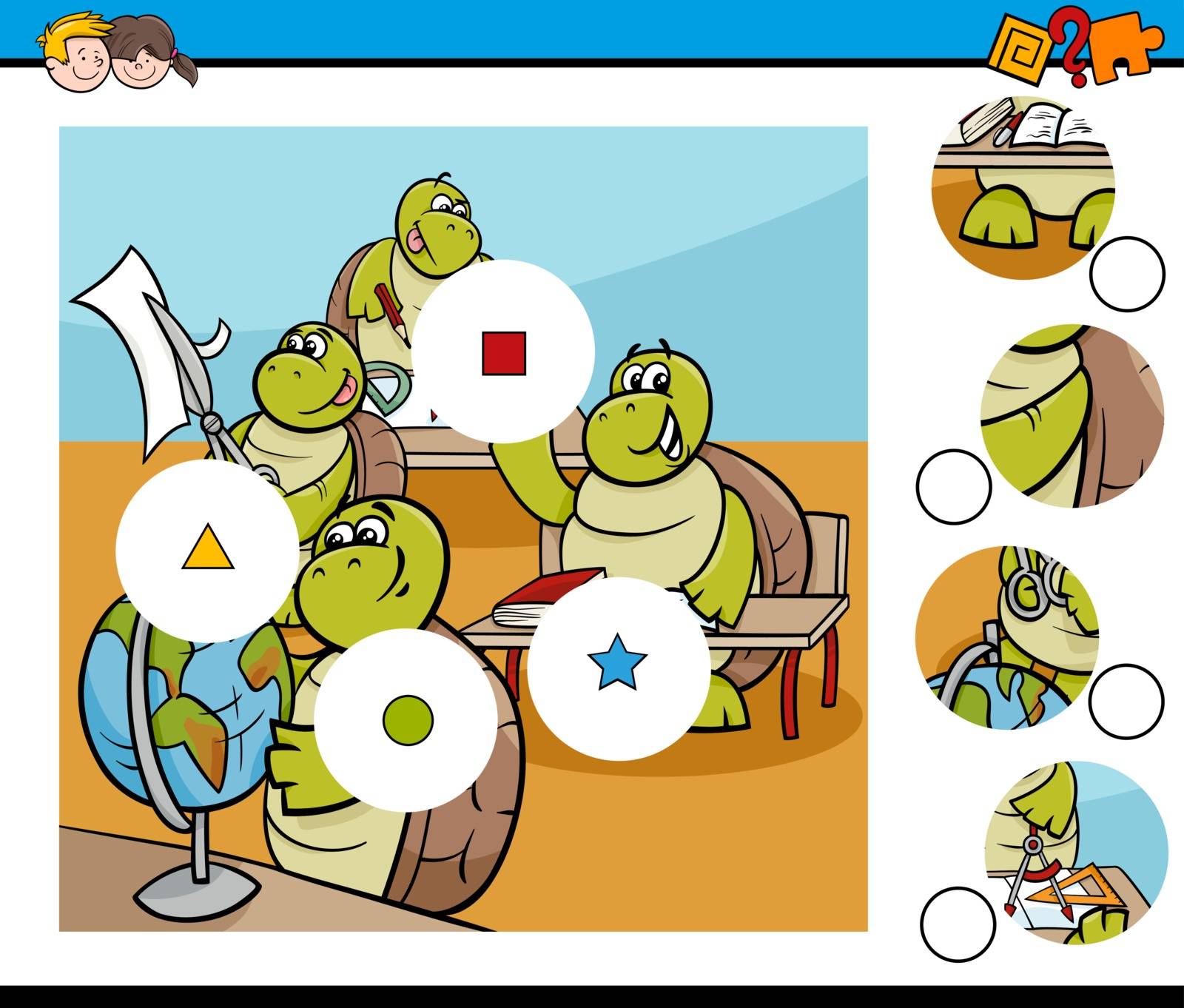 Cartoon Illustration of Educational Match the Elements Game for Children with Turtle Pupil Characters