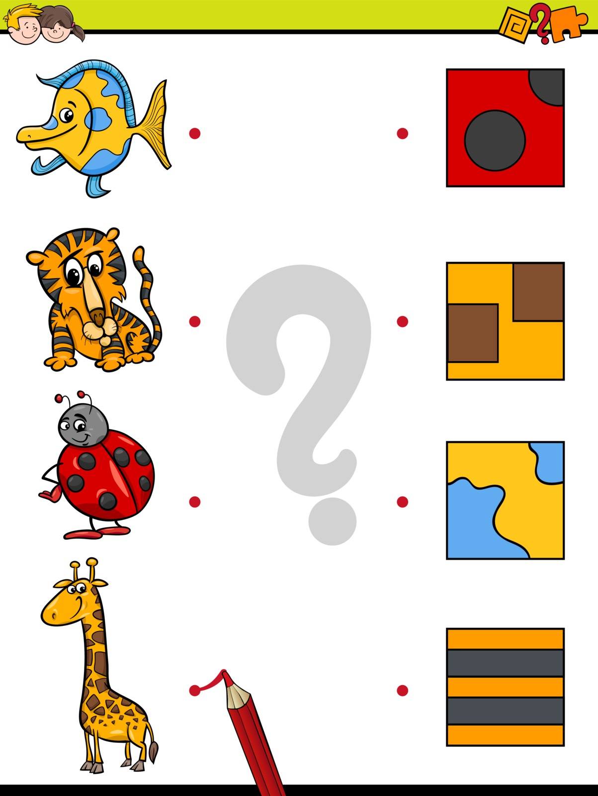 Cartoon Illustration of Education Element Matching Game for Children with Animals