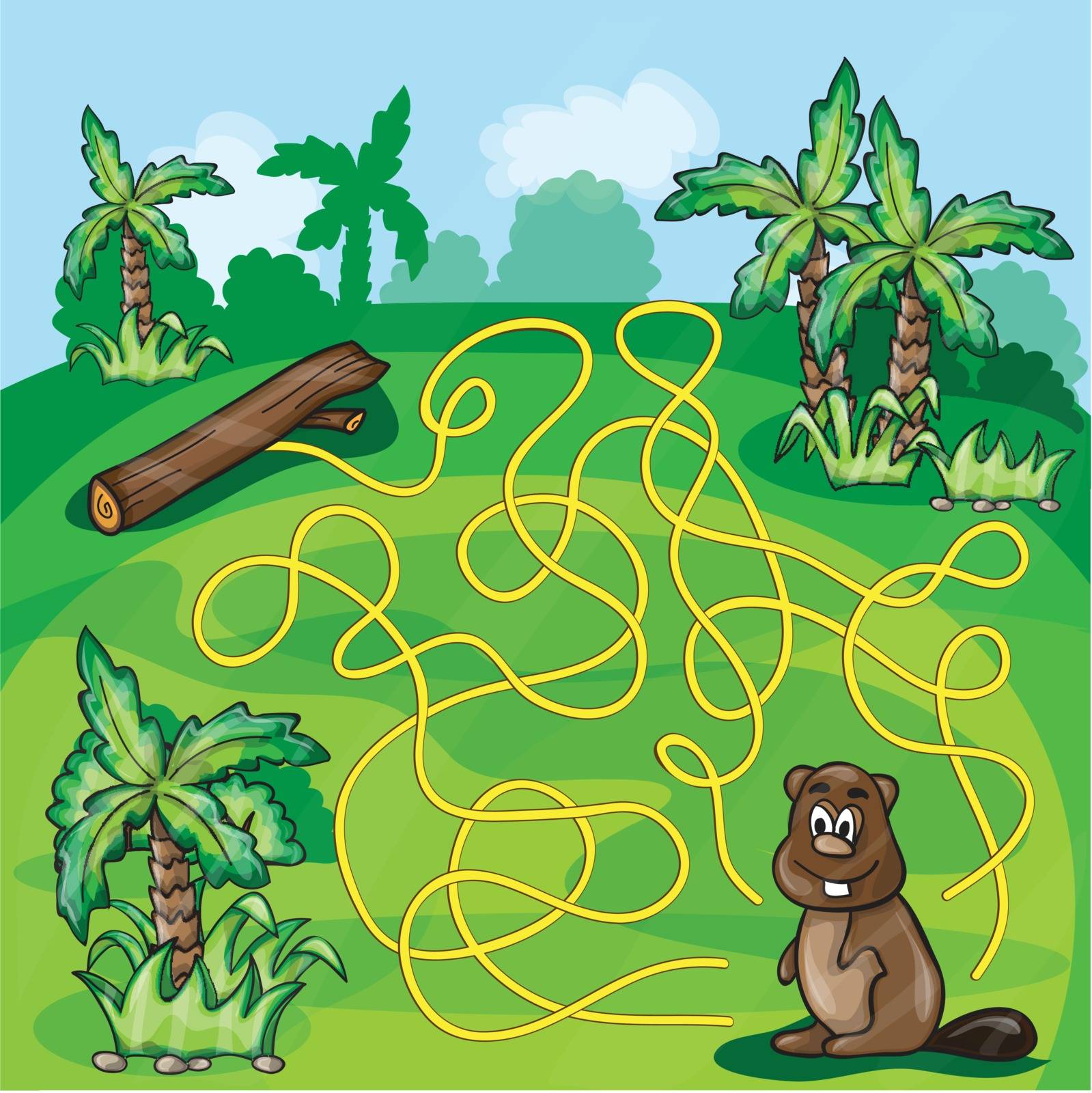 Labyrinth maze for kids - help the beaver find a way - game vector illustration