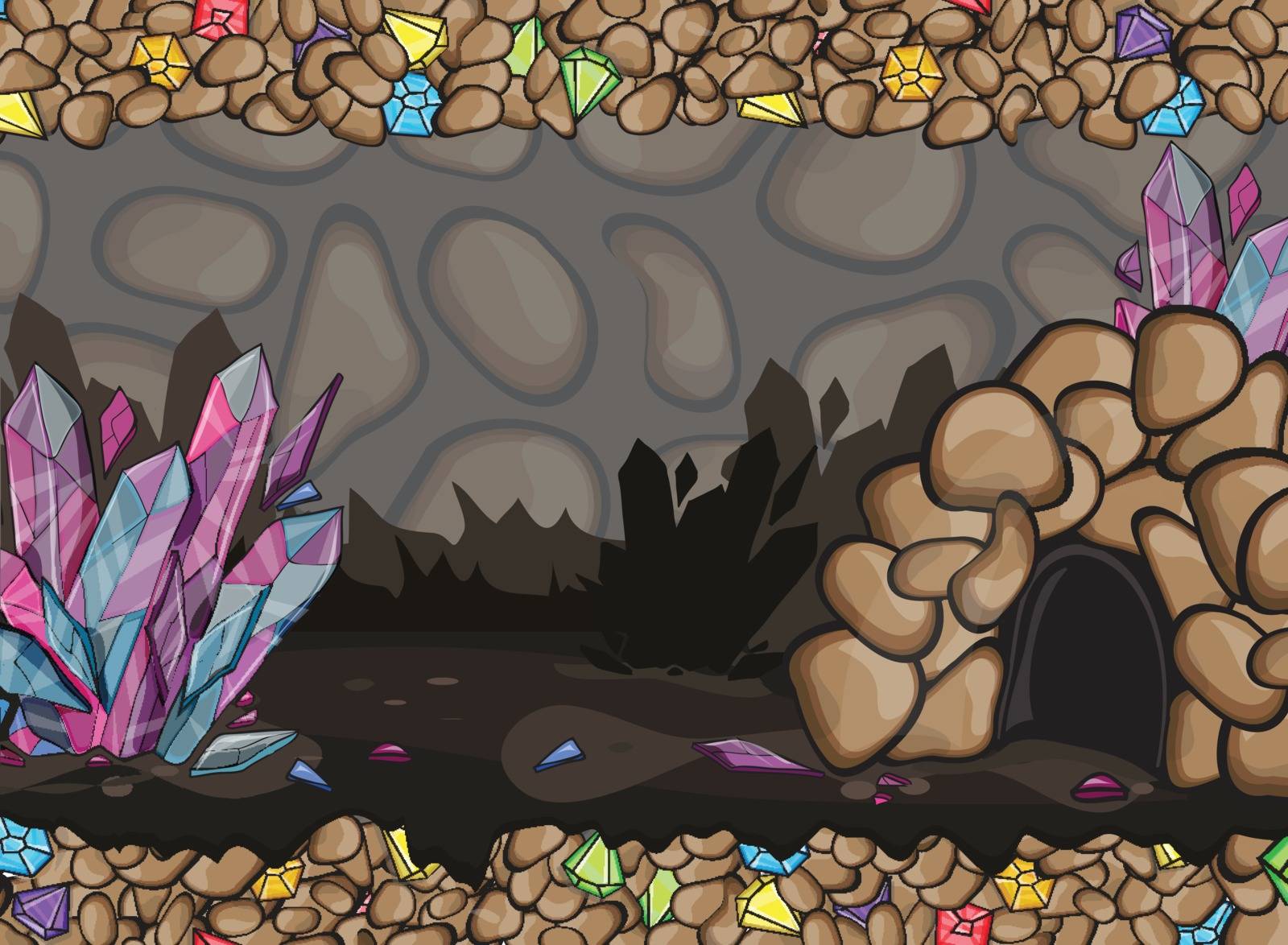 Cartoon of underground cave with gems and the crystals
