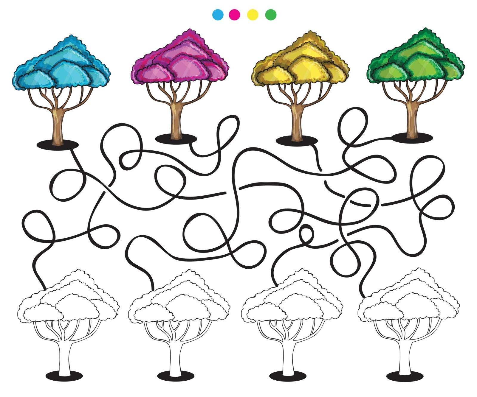 Visual puzzle and coloring page with trees