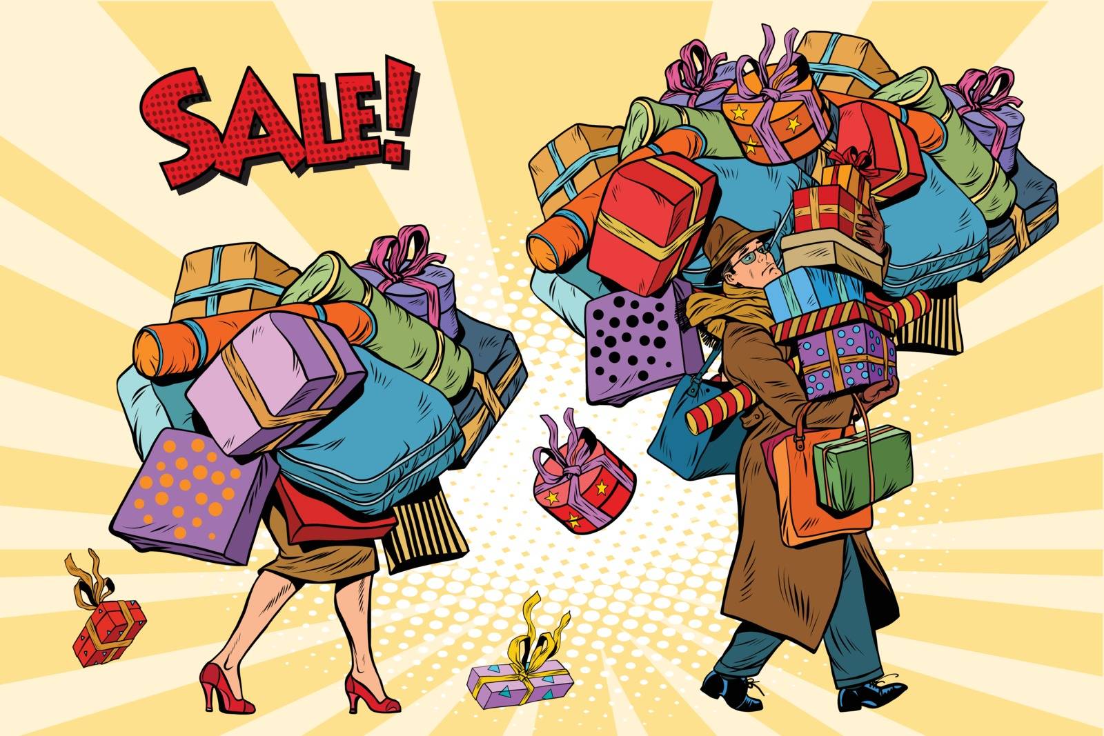 Holiday sales, a couple man and woman with shopping, pop art retro vector illustration