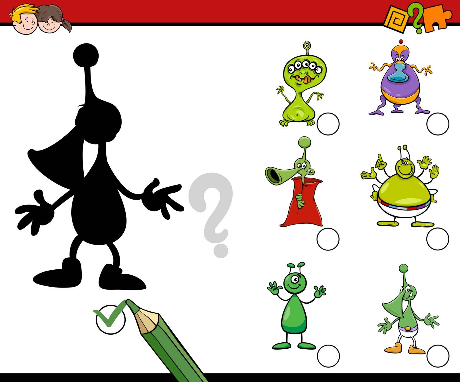 Cartoon Illustration of Find the Shadow Educational Activity for Preschool Children with Funny Alien Characters