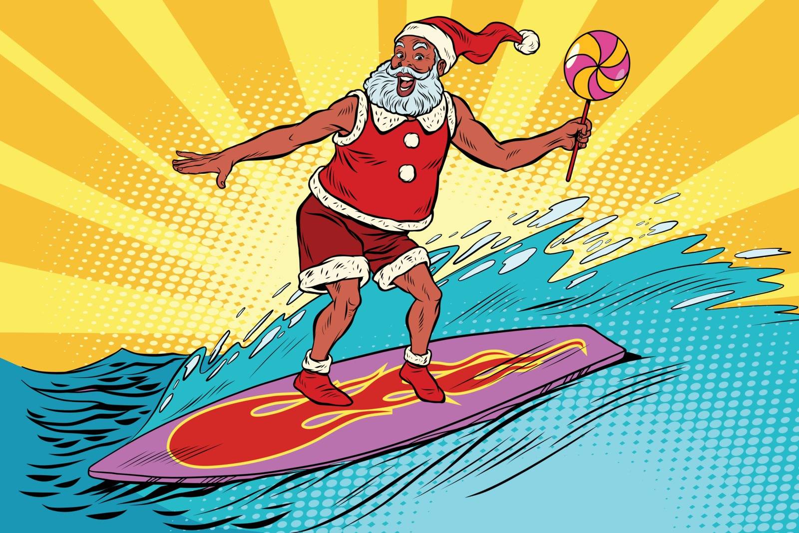 Sports Santa Claus on a surfboard, pop art retro comic book vector illustration. New year and Christmas