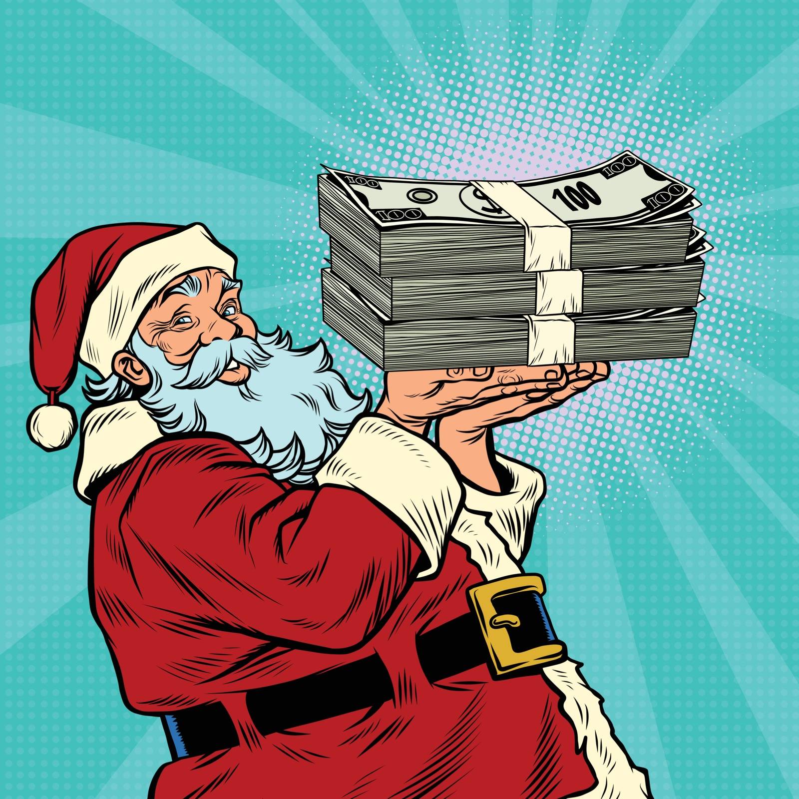 Santa Claus with a bundle of money dollars, pop art retro vector illustration. The annual bonus. Festive lottery