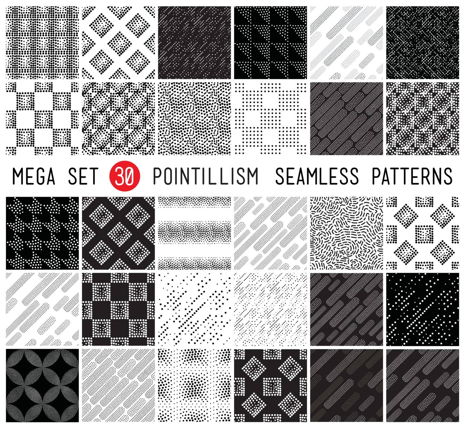 Geometric memphis seamless patterns in set for fashion and wallpaper. Universal black and white decorative background in pointillism style