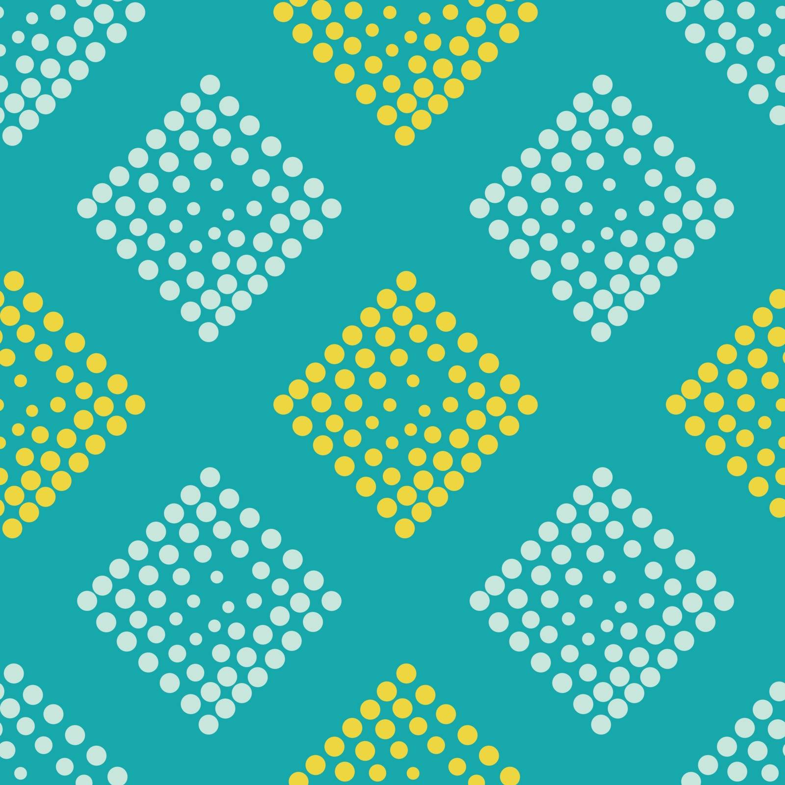 Vector geometric seamless pattern. Repeating abstract square gradation in turquoise, blue, yellow color. Modern halftone design, pointillism, illusion