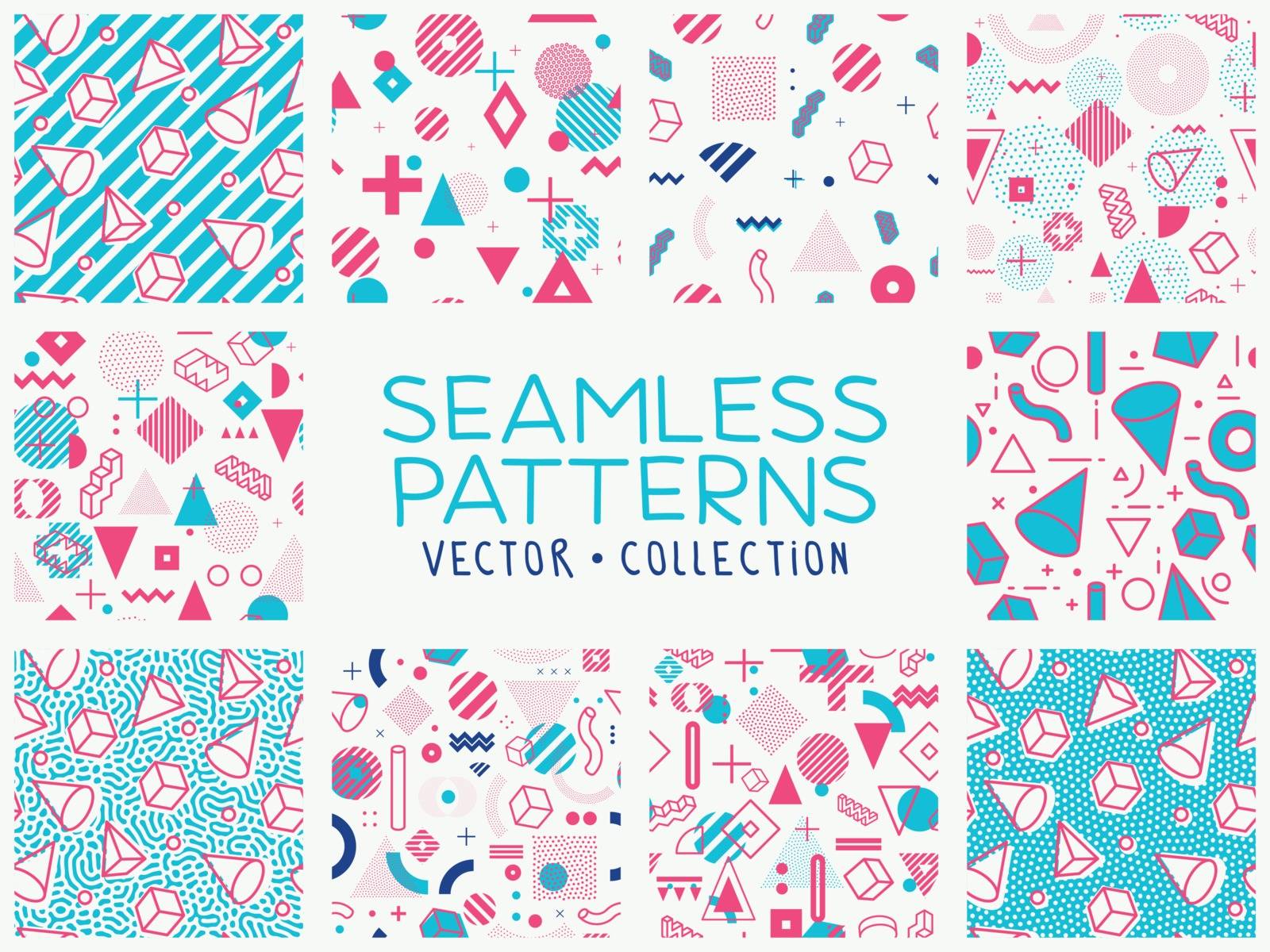Geometric memphis seamless isolated patterns in set for fashion and wallpaper. Universal colorful decorative fun background. Blue pink colors