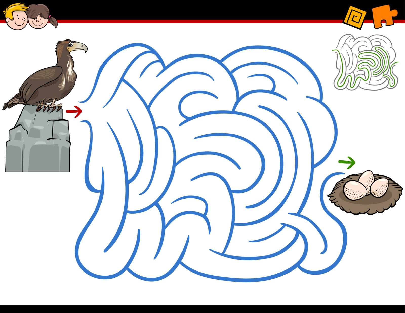 Cartoon Illustration of Education Maze or Labyrinth Activity Game for Children with Eagle and his Nest