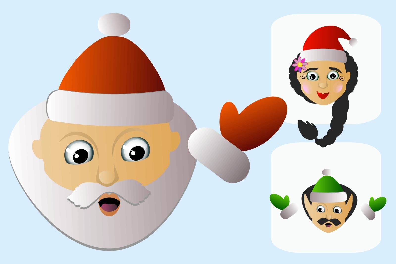 Santa Claus icon head natural casual everyday ordinary elementary simplified with Mrs   and elf by xenium