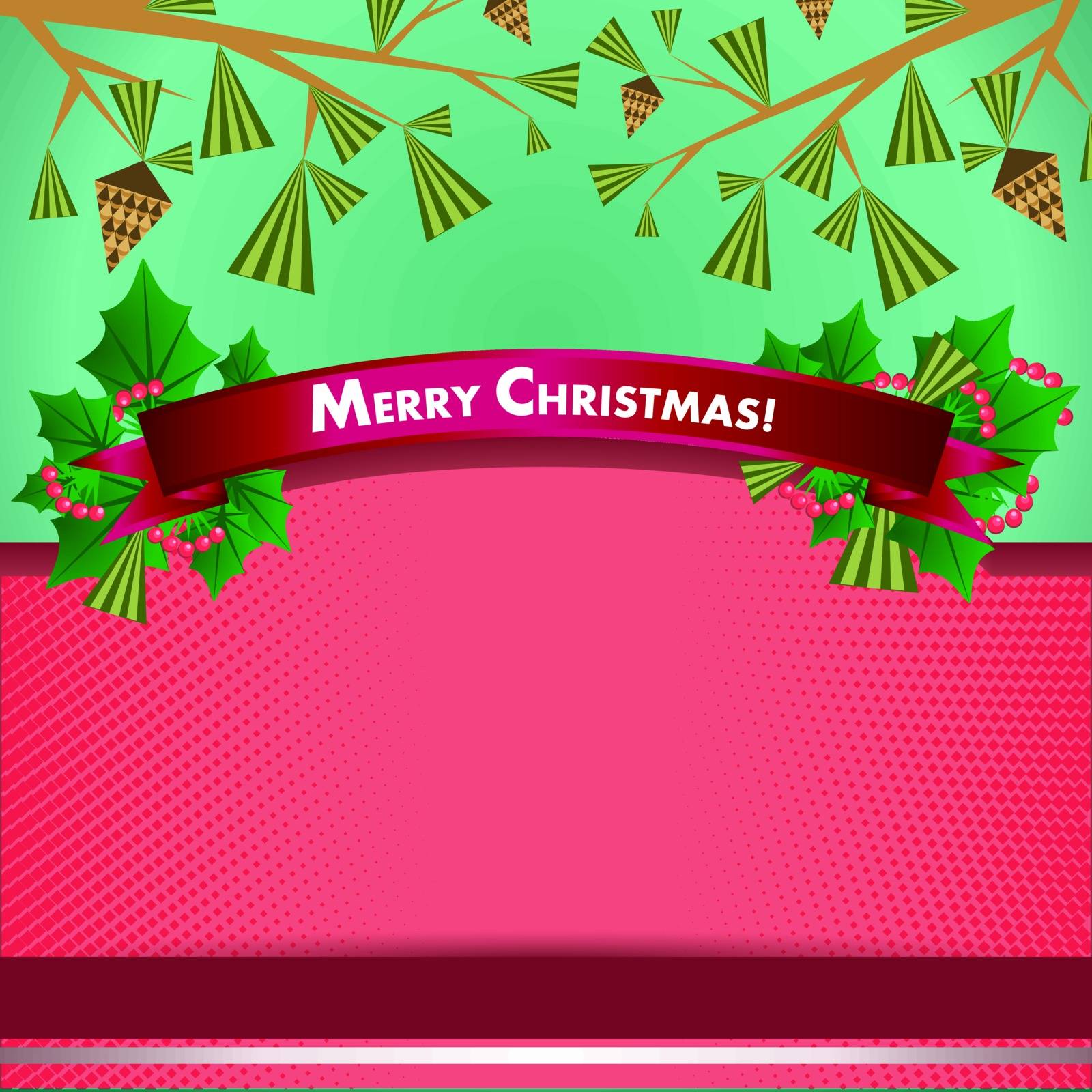 Holiday promotional advertising ribbon with decoration of Christmas ribbon, X-Mas tree branches, cones and berries in crimson shades
