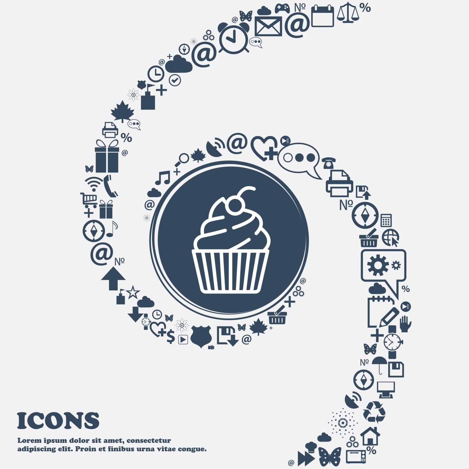 cupcake icon in the center. Around the many beautiful symbols twisted in a spiral. You can use each separately for your design. Vector by serhii_lohvyniuk