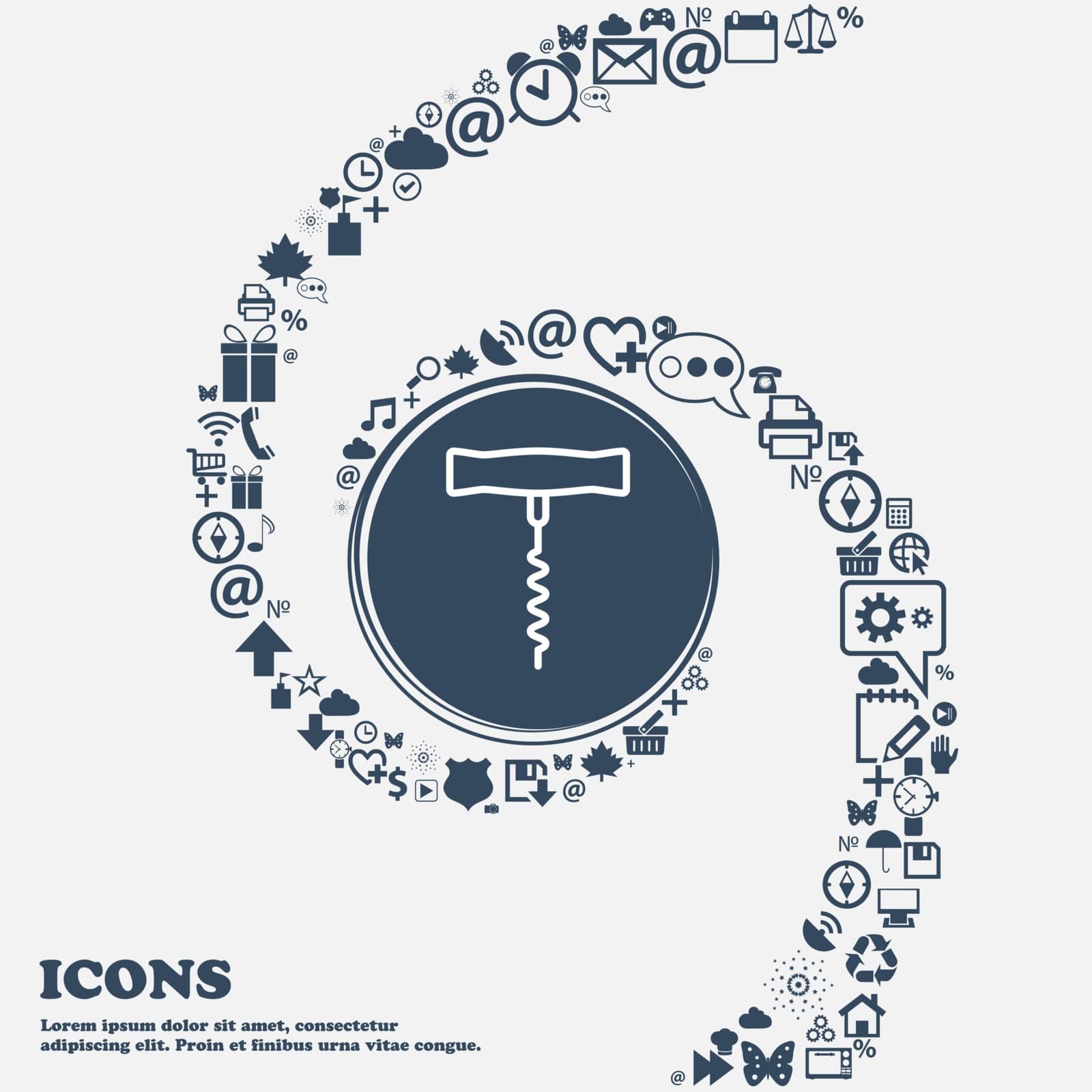 corkscrew icon in the center. Around the many beautiful symbols twisted in a spiral. You can use each separately for your design. Vector by serhii_lohvyniuk