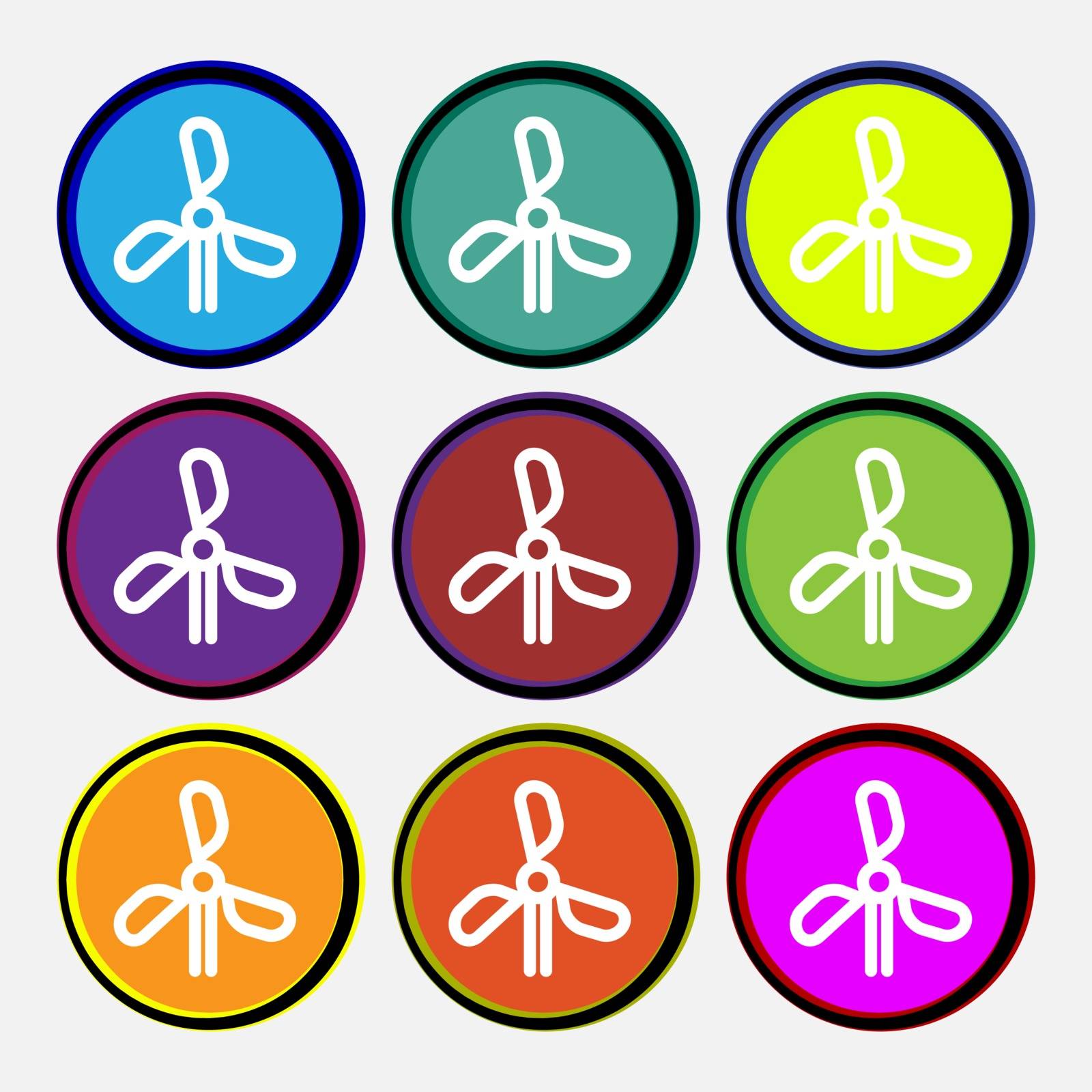 wind turbine icon sign. Nine multi colored round buttons. Vector by serhii_lohvyniuk