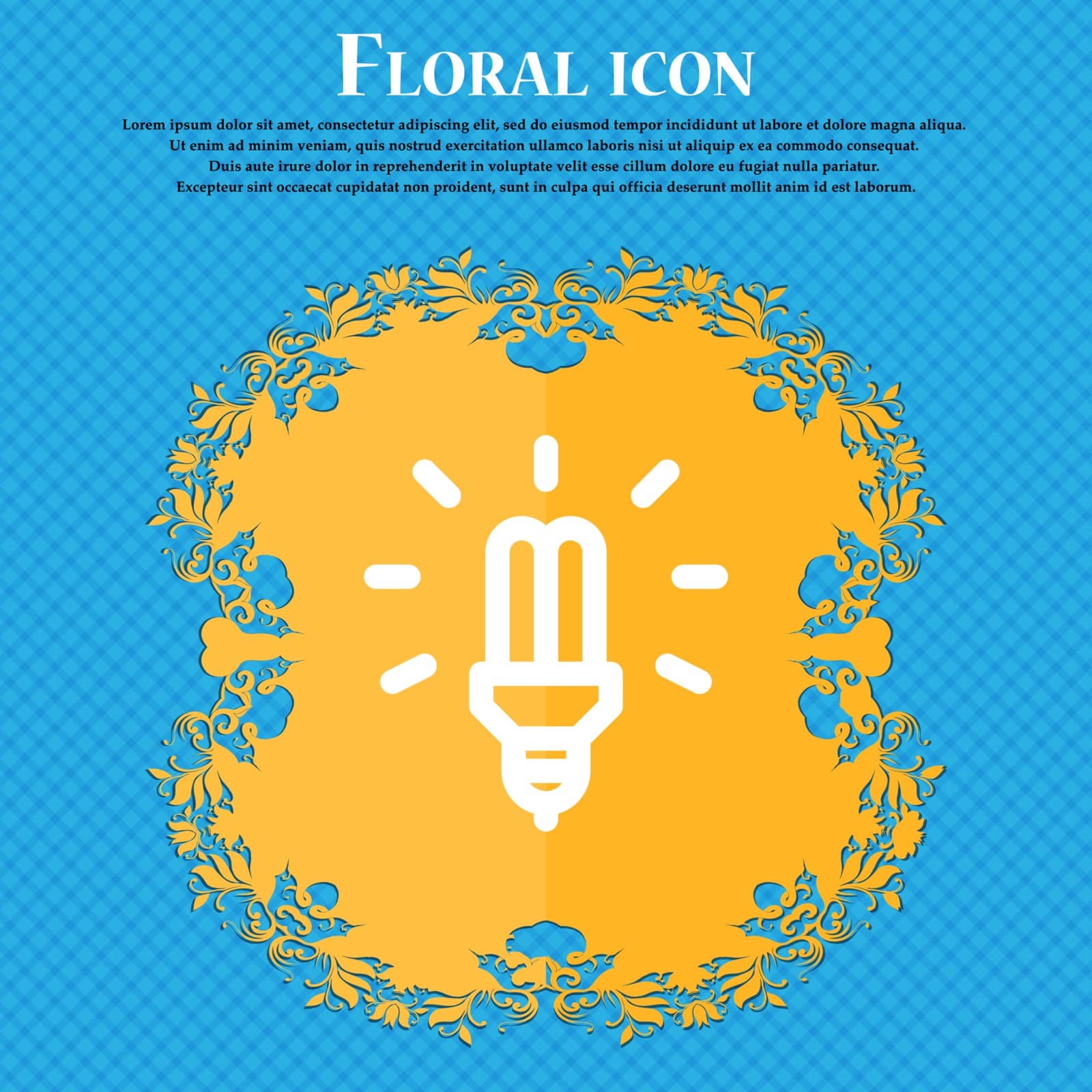 Led Bulb Icon sign. Floral flat design on a blue abstract background with place for your text. Vector by serhii_lohvyniuk