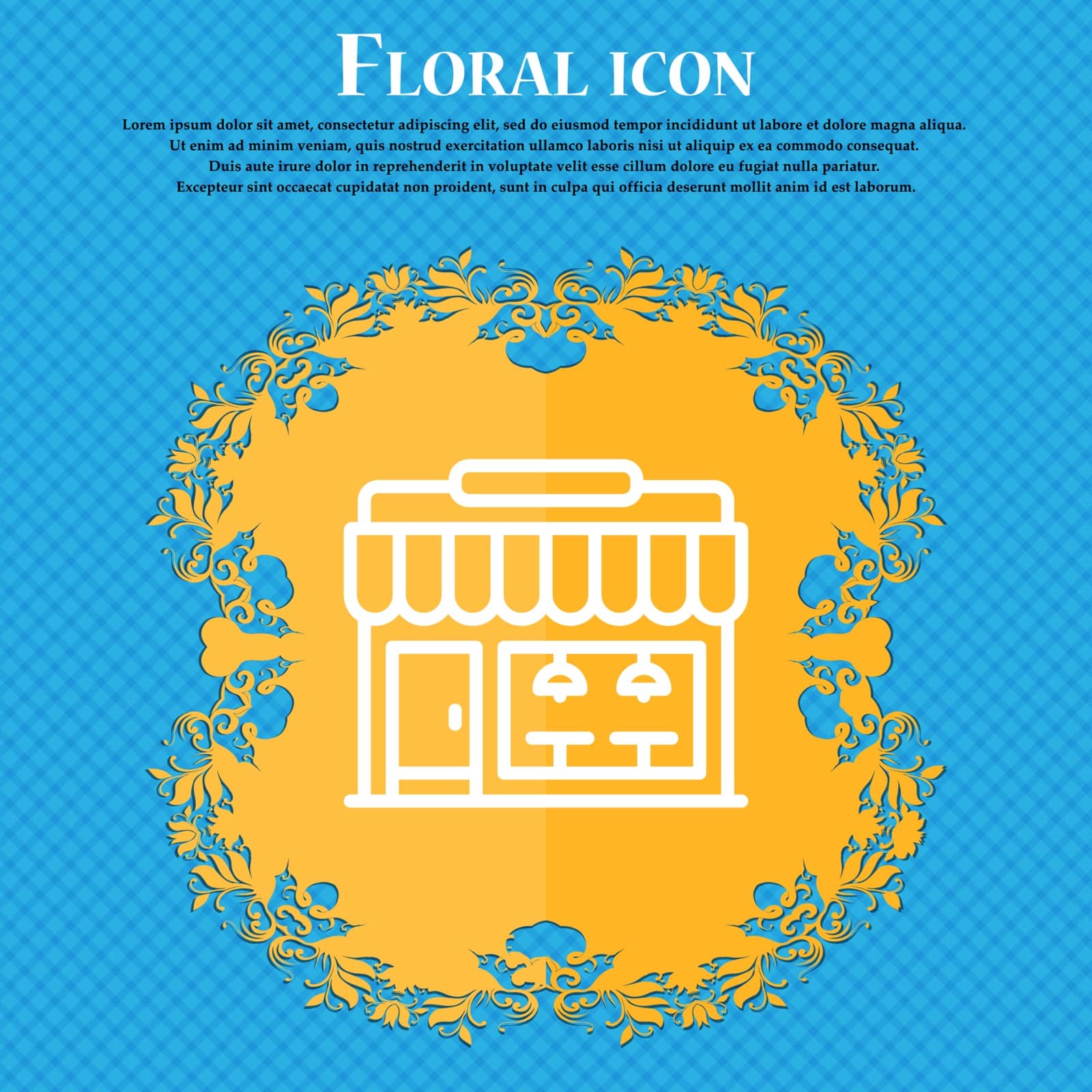 Store icon sign. Floral flat design on a blue abstract background with place for your text. Vector illustration