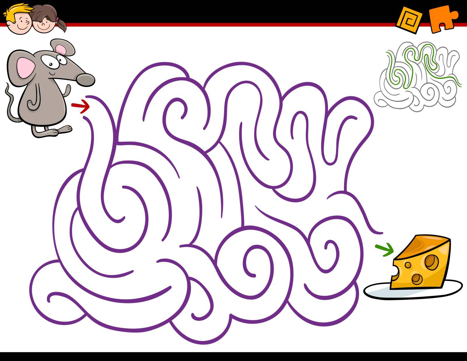 Cartoon Illustration of Education Maze or Labyrinth Activity Game for Children with Mouse and Cheese