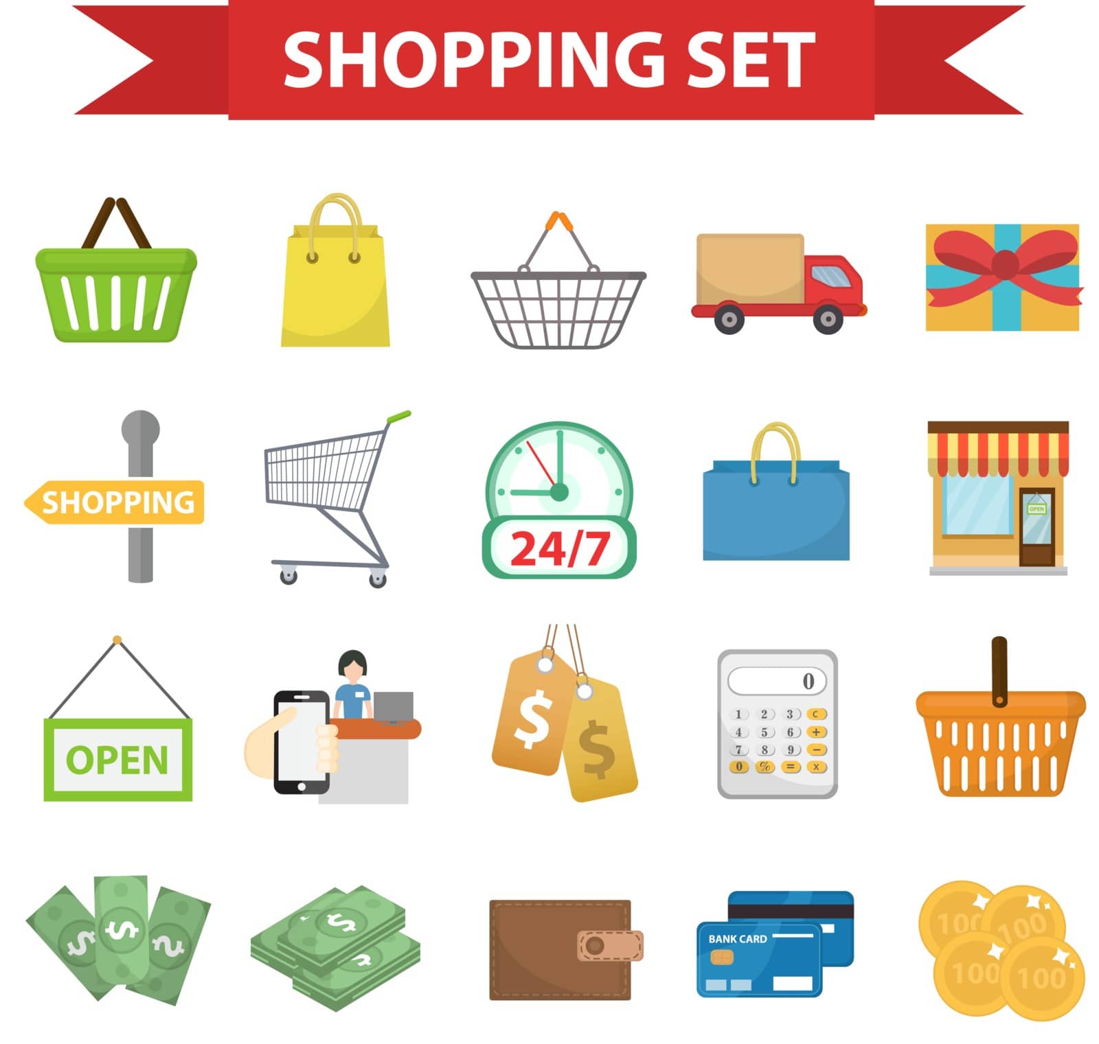 Shopping icon set, flat style. Shop icons collection isolated on white background. Store objects and items. Vector illustration, clip-art