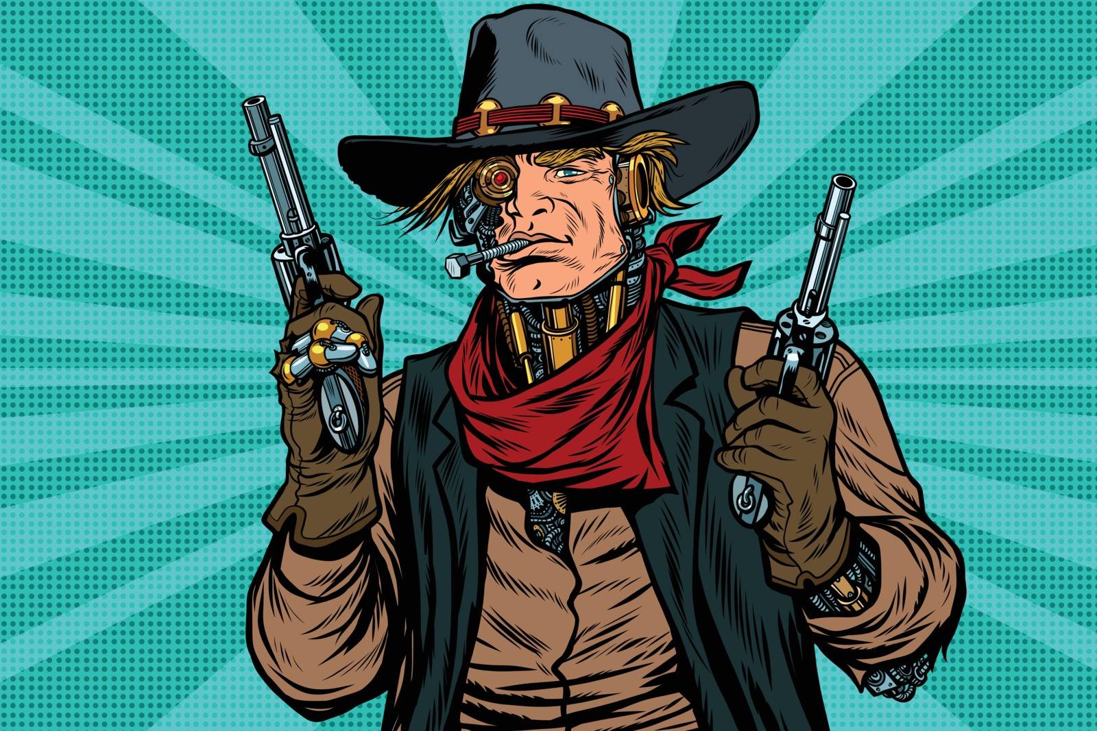 Steampunk robot cowboy bandit with gun, pop art retro vector illustration. Science fiction. Wild West Western