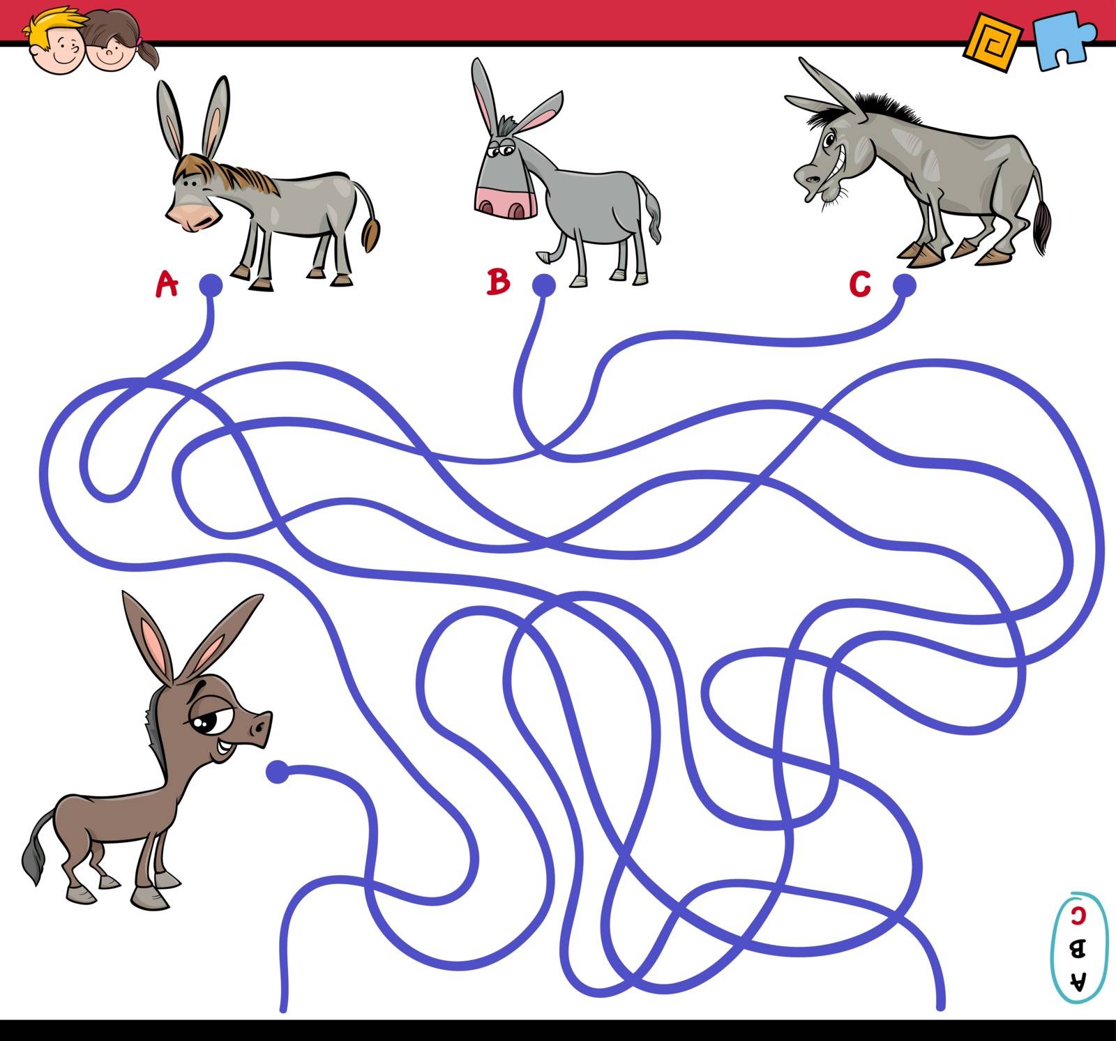 Cartoon Illustration of Paths or Maze Puzzle Activity Game with Donkey Farm Animal Characters