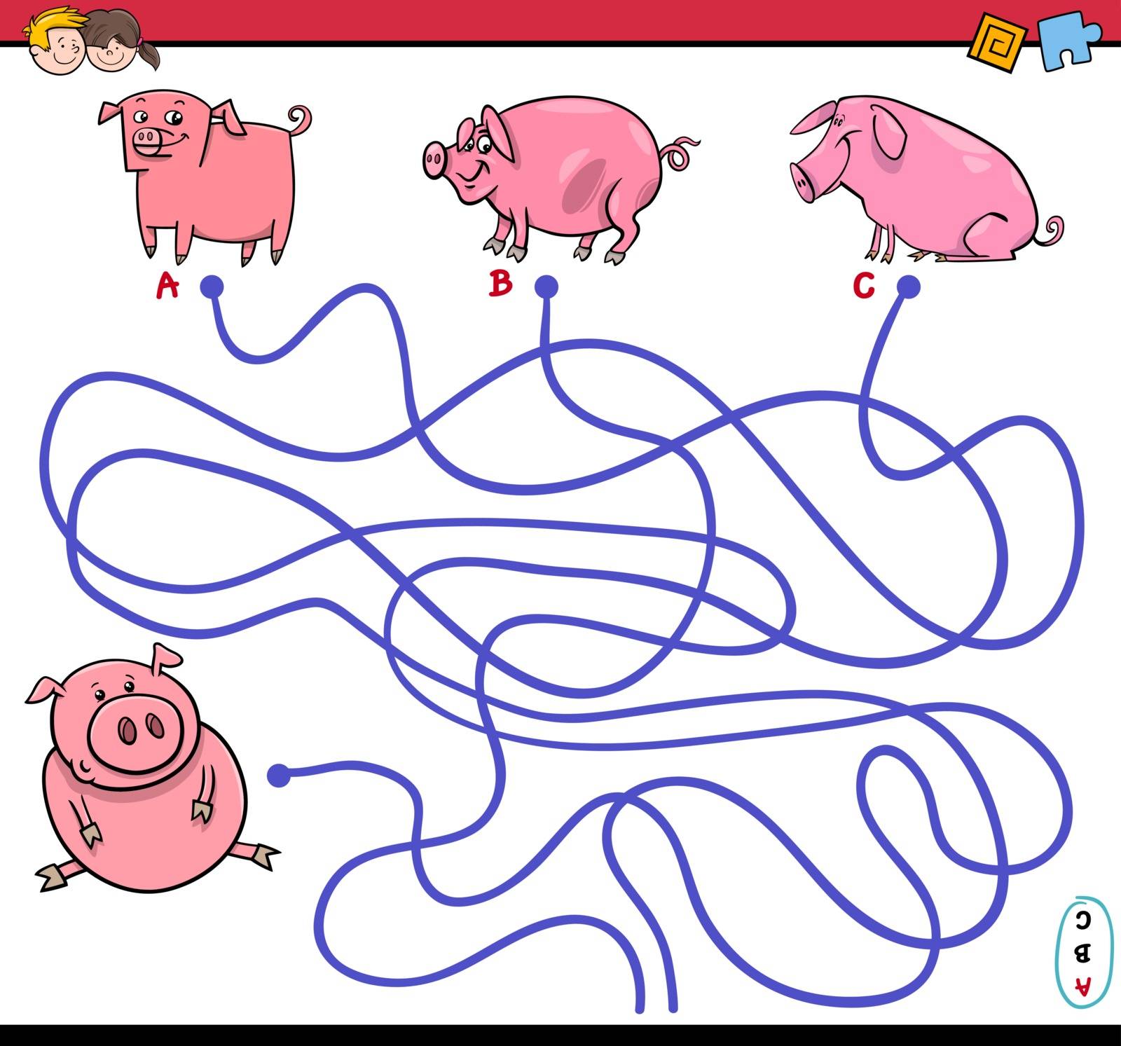 Cartoon Illustration of Paths or Maze Puzzle Activity Game with Pigs and Piglet Farm Animal Characters